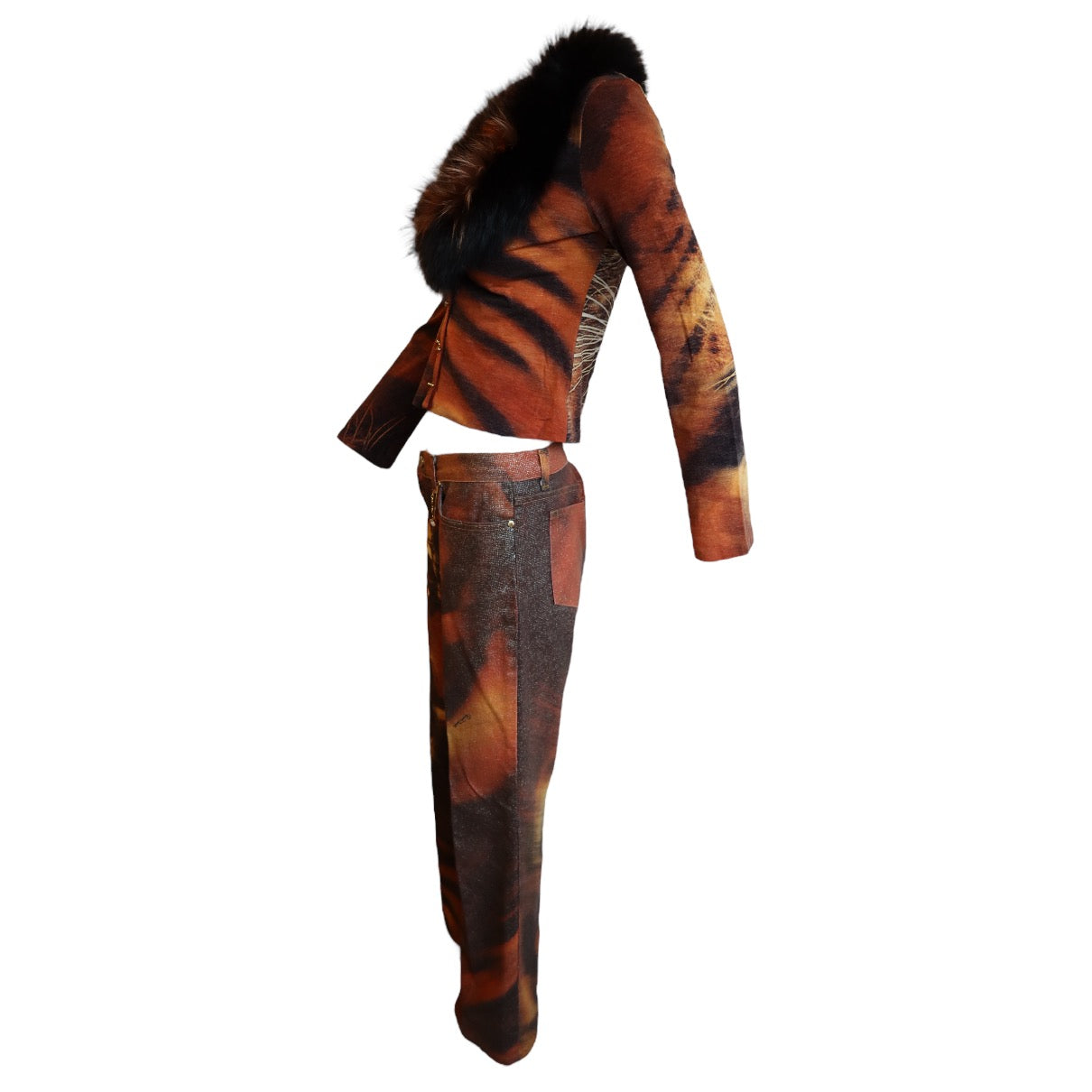 Roberto Cavalli F/W 2000 Tiger Fox Fur Cardigan And Jeans