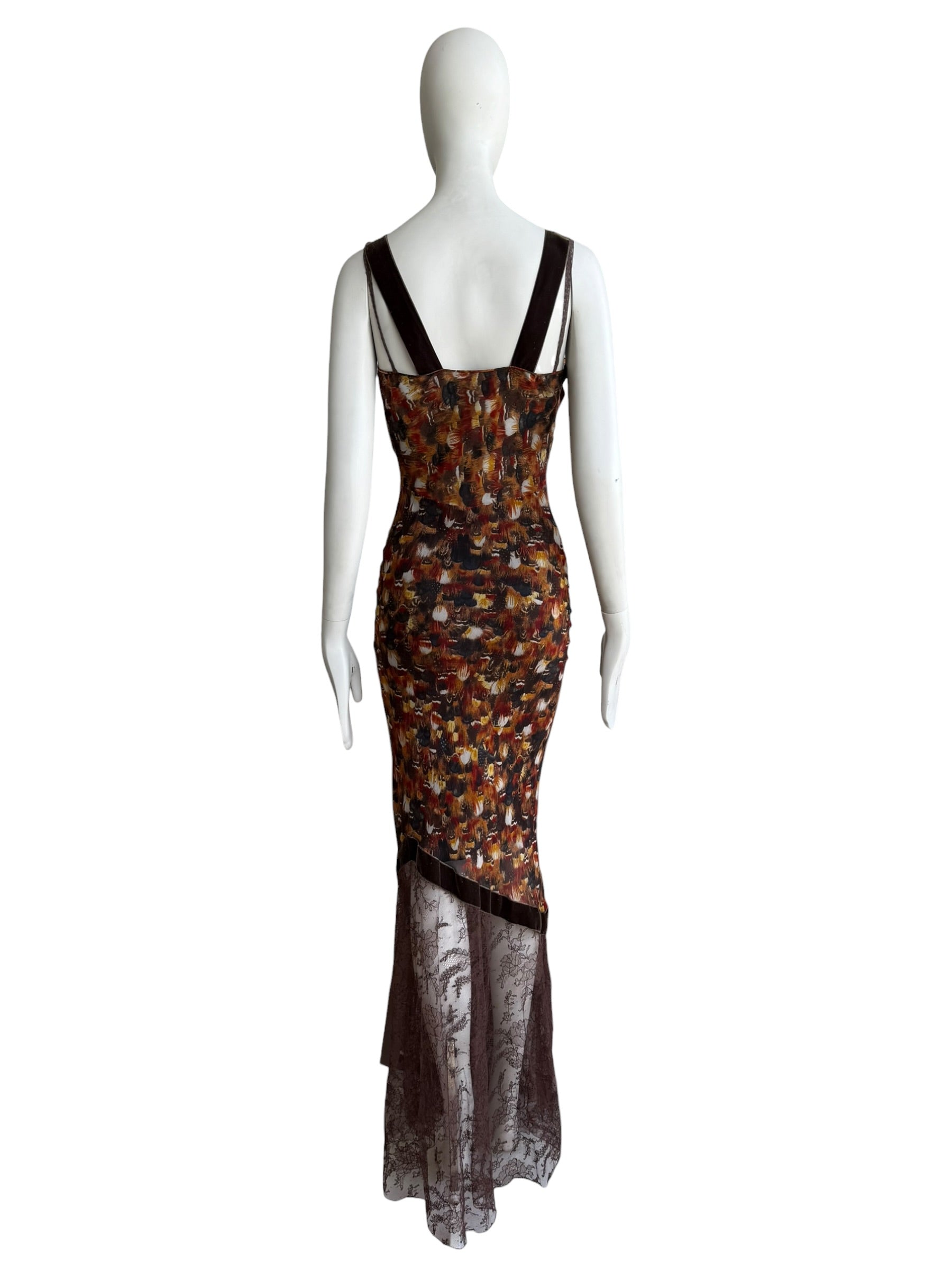 John Galliano F/W 2001 Feather print Silk & Lace Dress