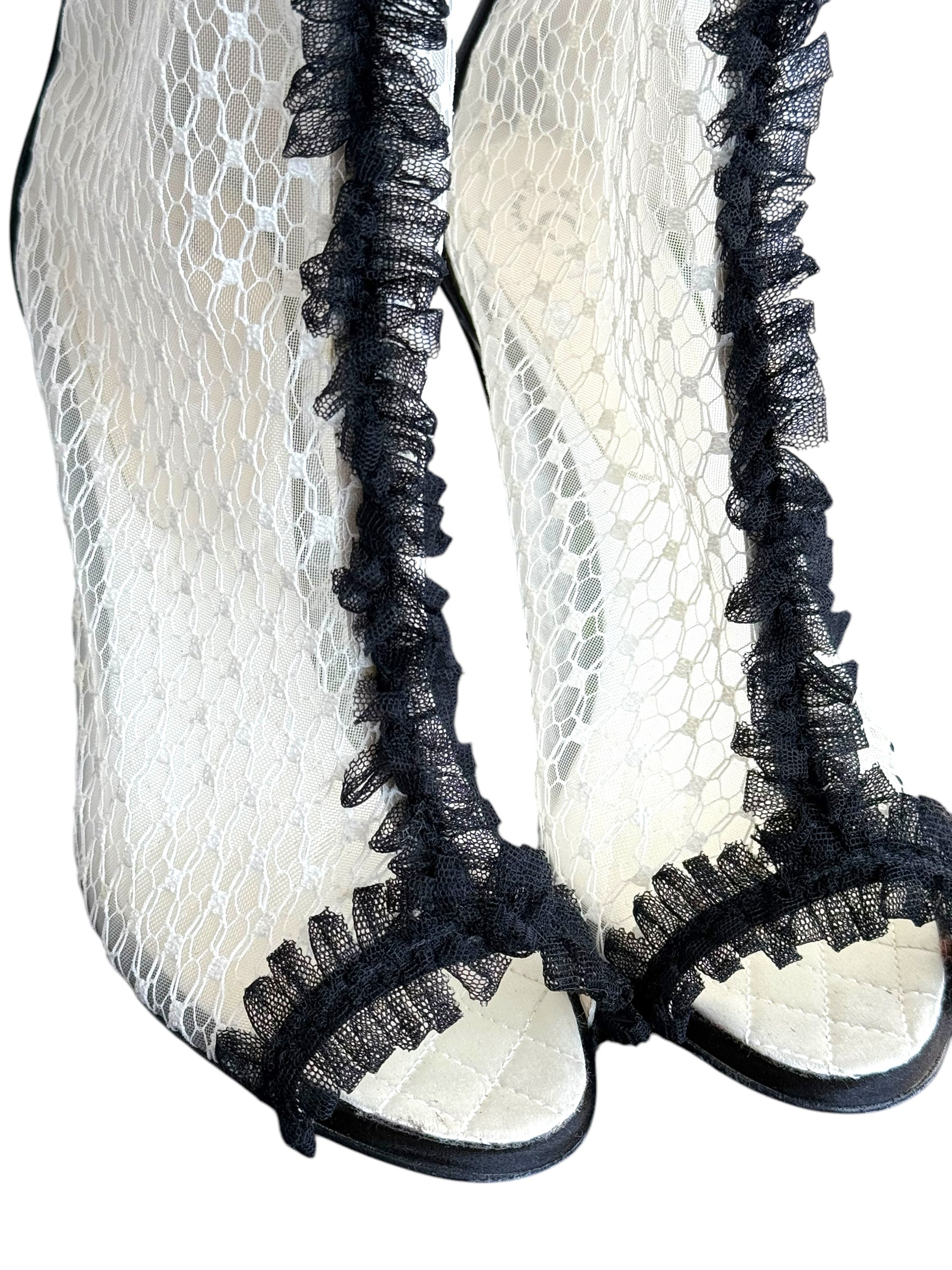Chanel Mesh Quilted Peep Toe Ruffle Lace Trim Heels