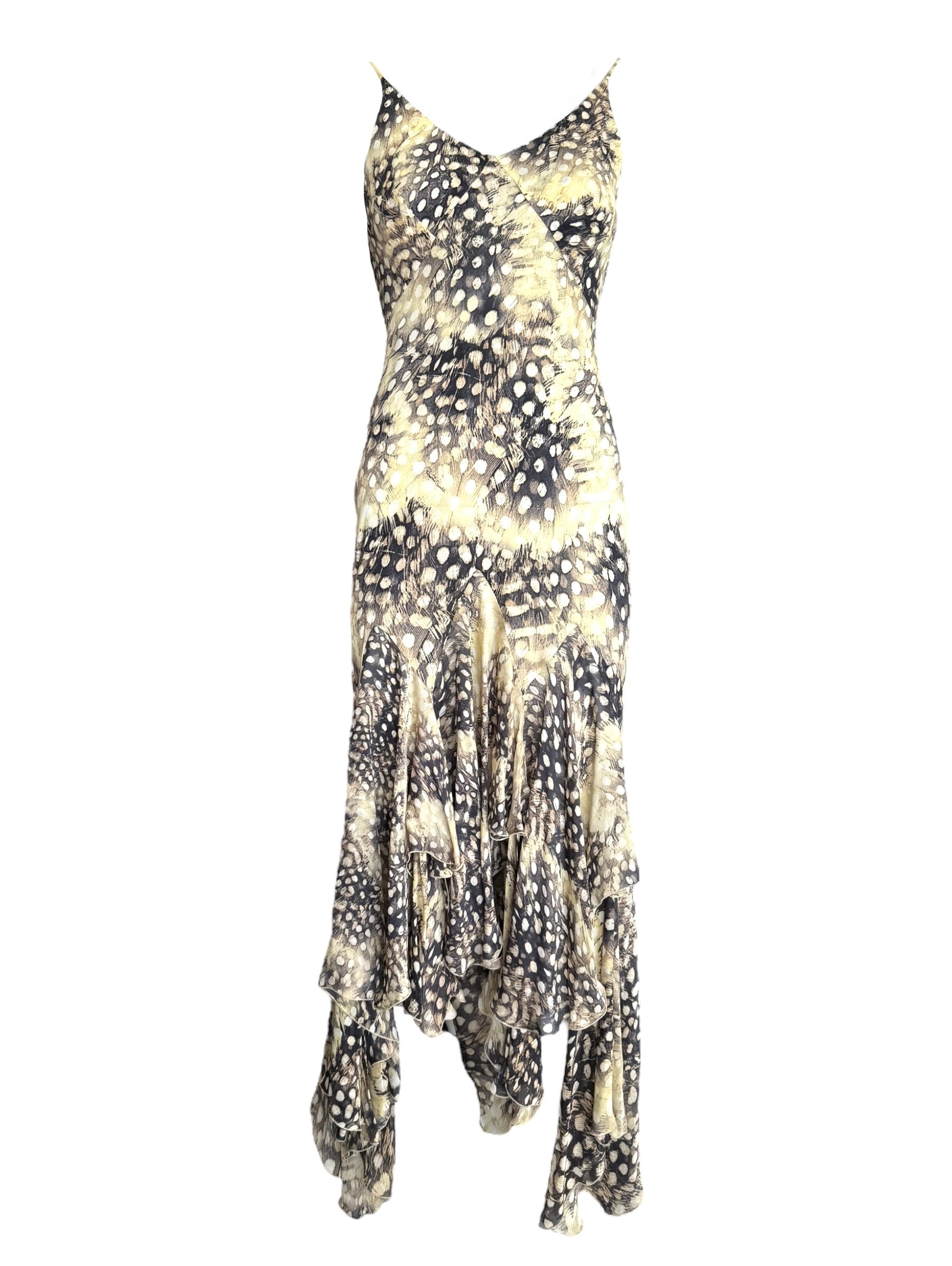 Roberto Cavalli S/S 2004 Ruffled Feather Print Silk Dress