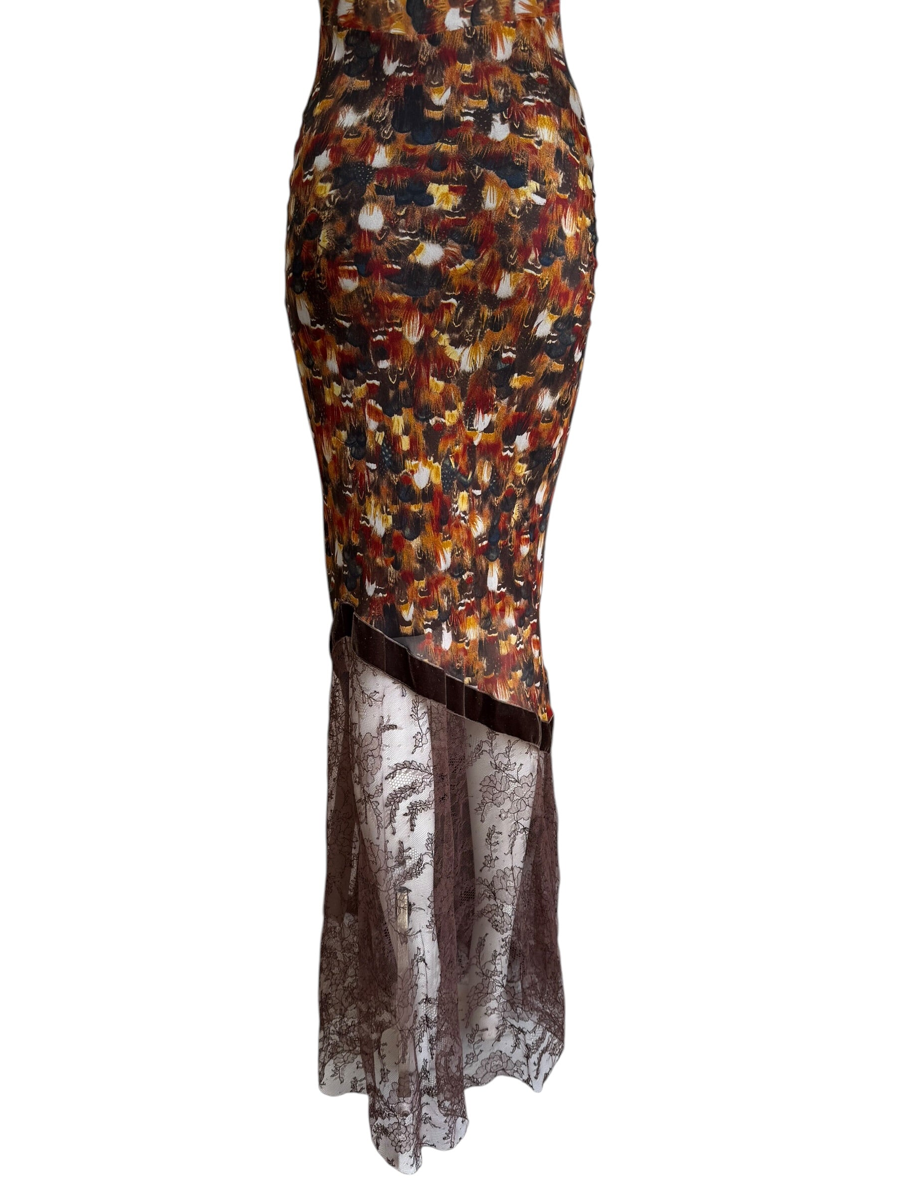 John Galliano F/W 2001 Feather print Silk & Lace Dress