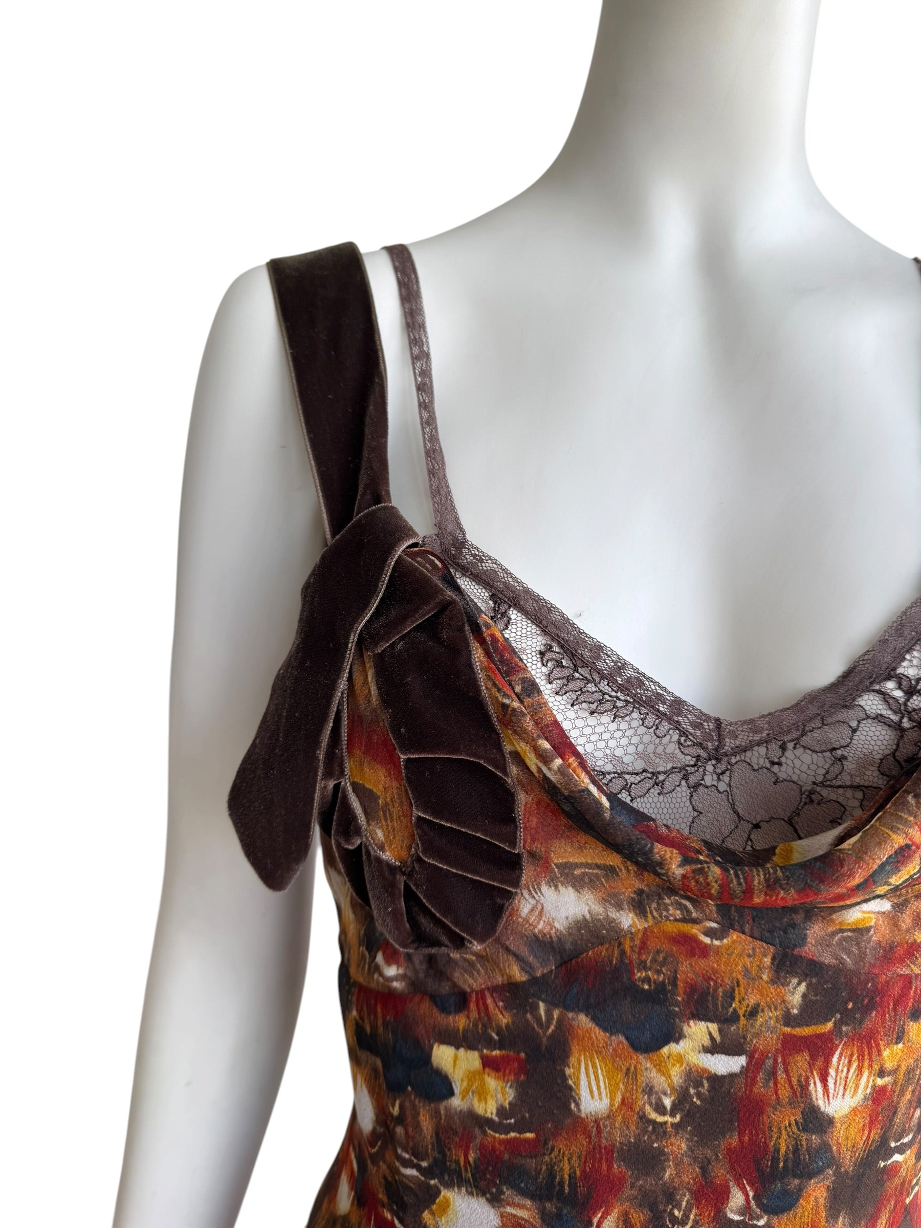 John Galliano F/W 2001 Feather print Silk & Lace Dress