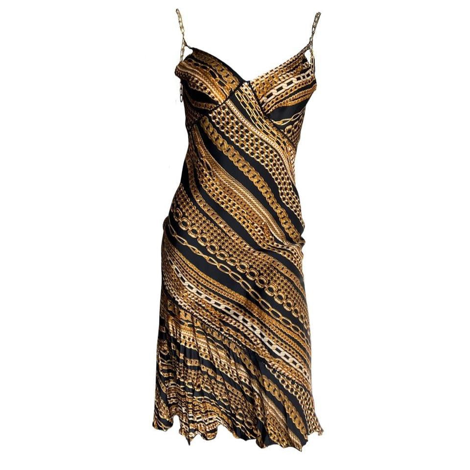 Roberto Cavalli Gold Chain Print Silk Dress