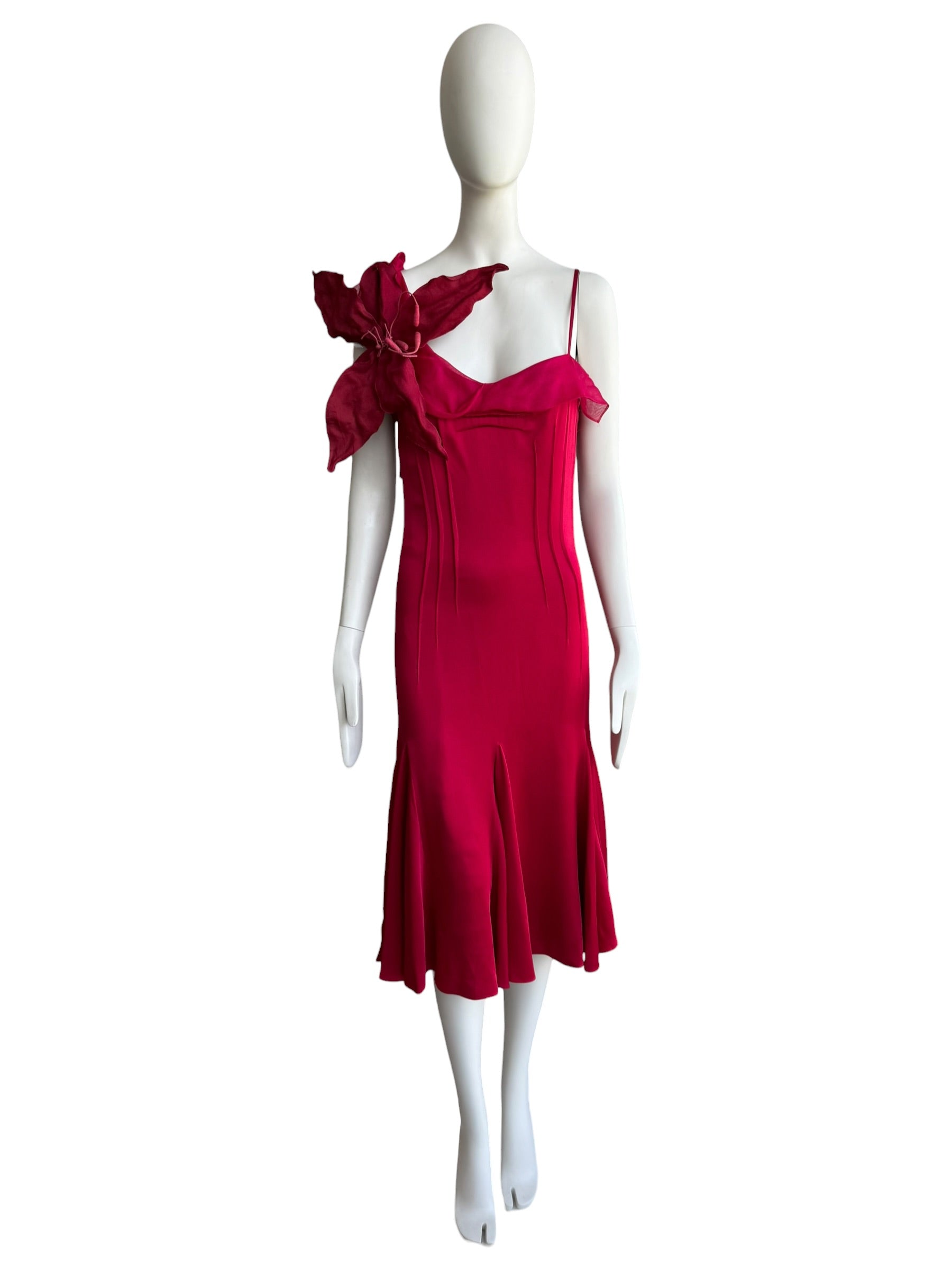 Christian Dior S/S 2008 Red Silk Satin One-Shoulder Midi Dress