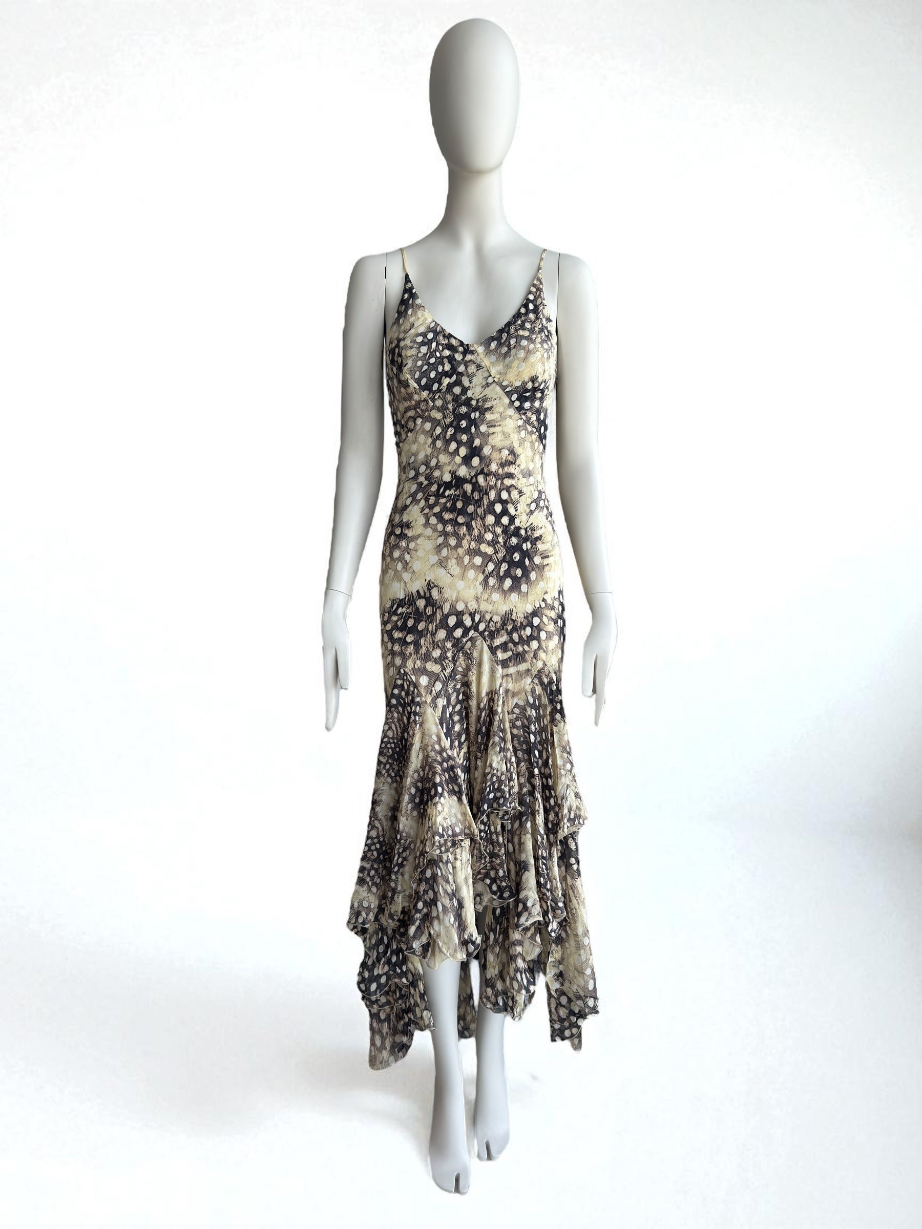 Roberto Cavalli S/S 2004 Ruffled Feather Print Silk Dress