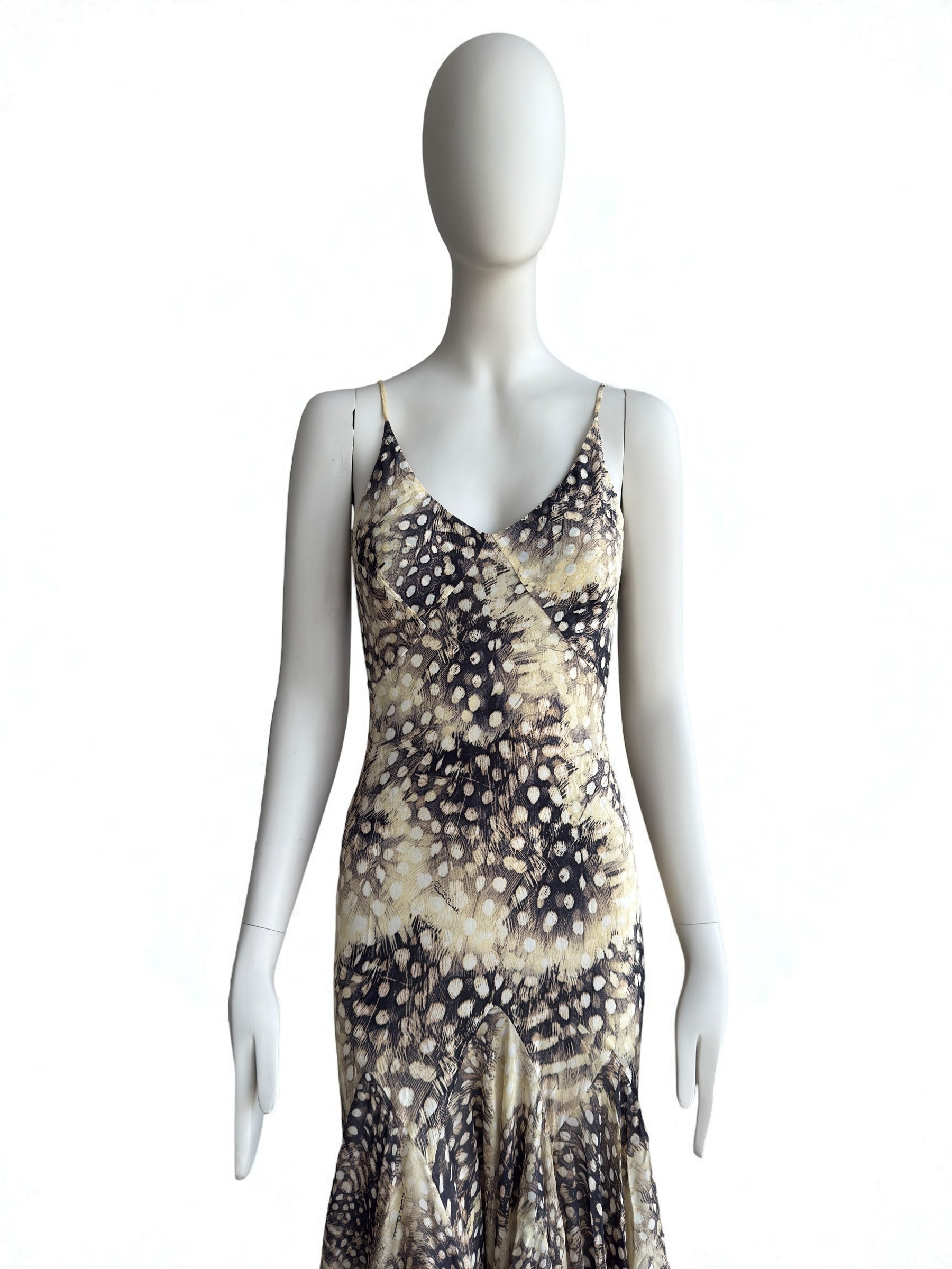 Roberto Cavalli S/S 2004 Ruffled Feather Print Silk Dress