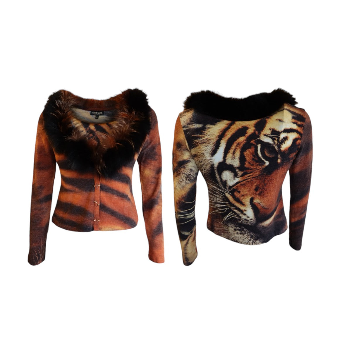 Roberto Cavalli F/W 2000 Tiger Fox Fur Cardigan And Jeans