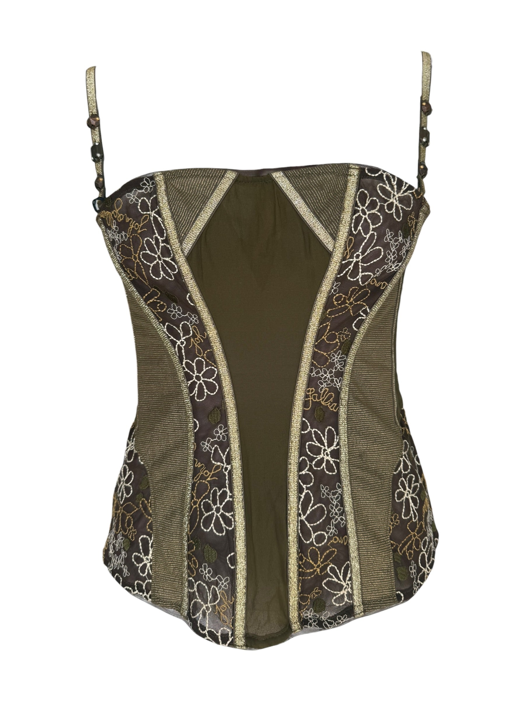 John Galliano Sheer Laced Boned Bustier Lace-Up Embroidered Corset