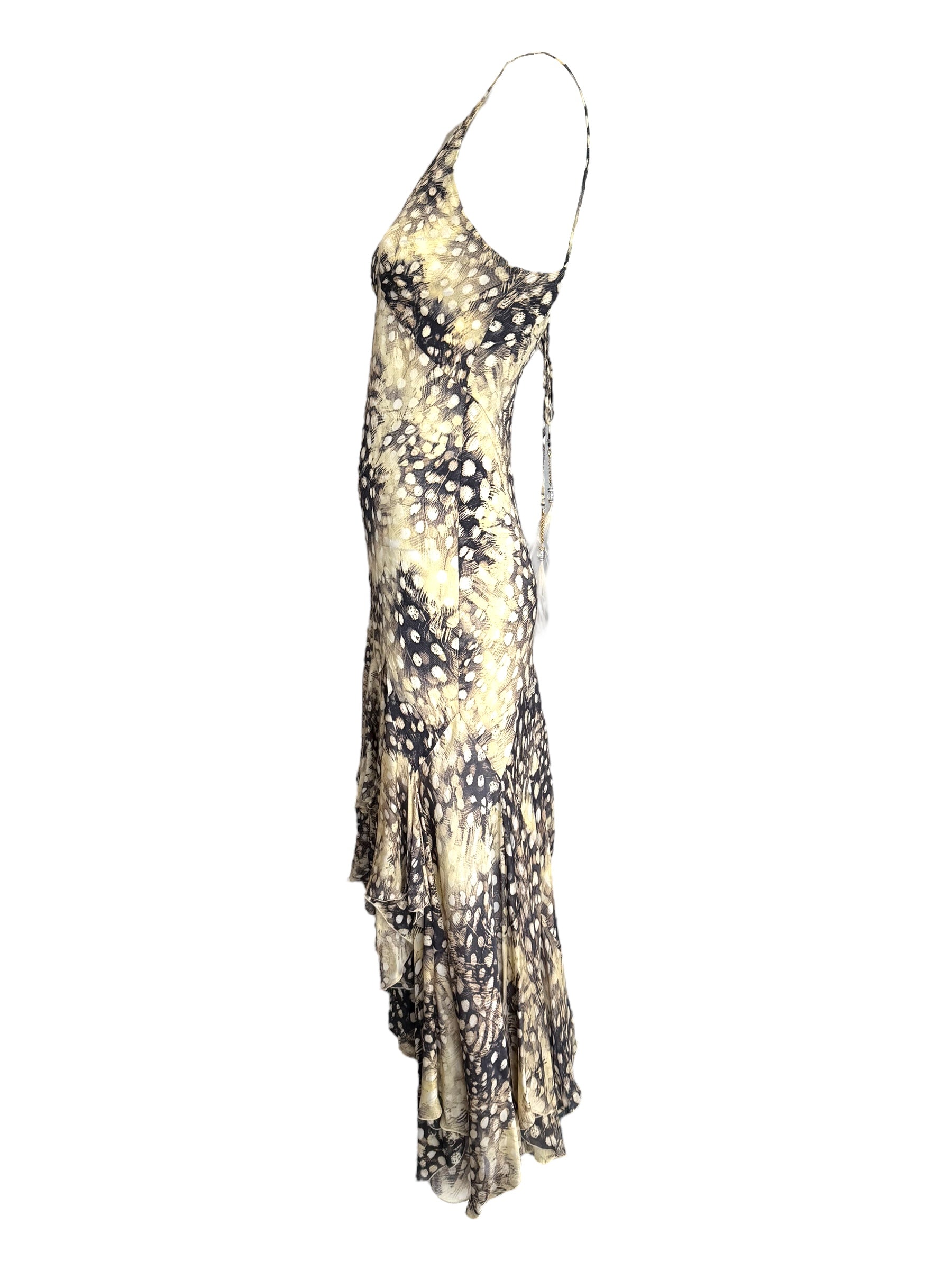 Roberto Cavalli S/S 2004 Ruffled Feather Print Silk Dress