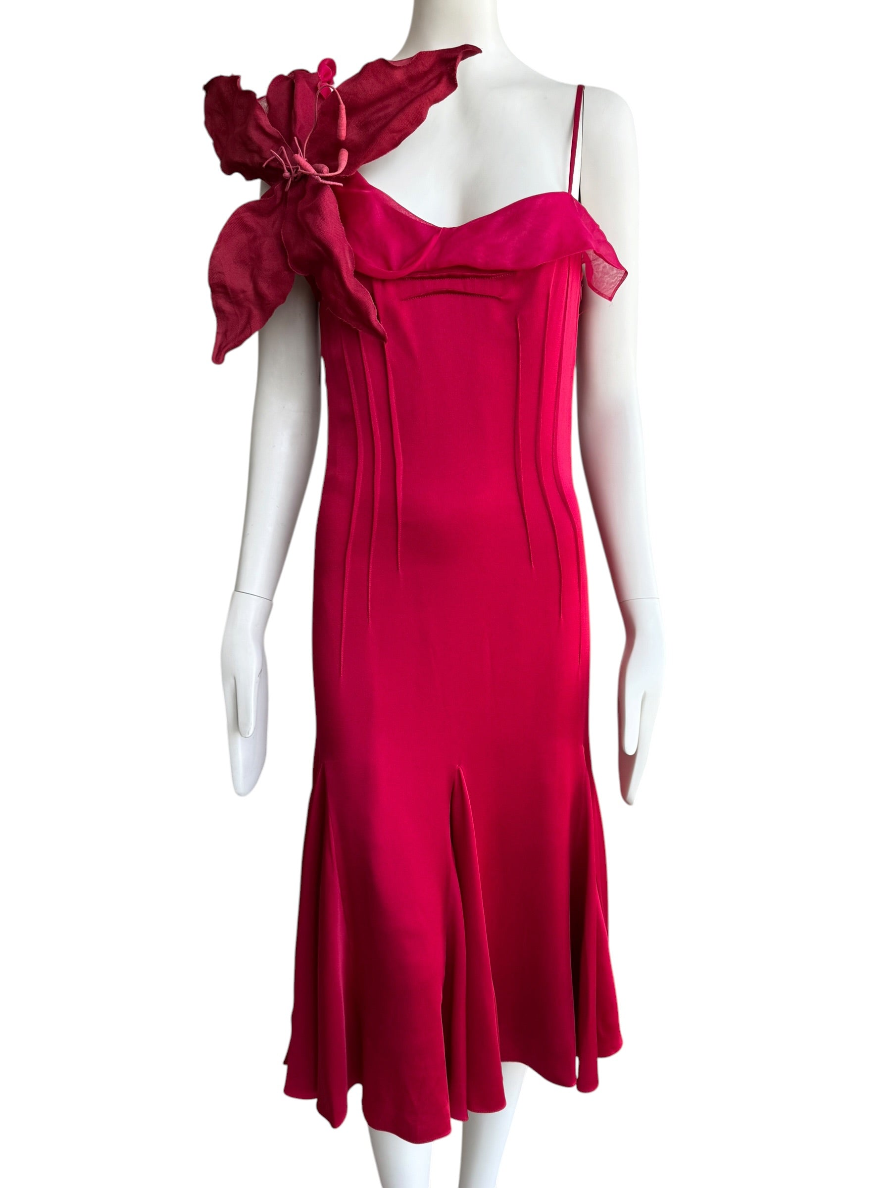 Christian Dior S/S 2008 Red Silk Satin One-Shoulder Midi Dress