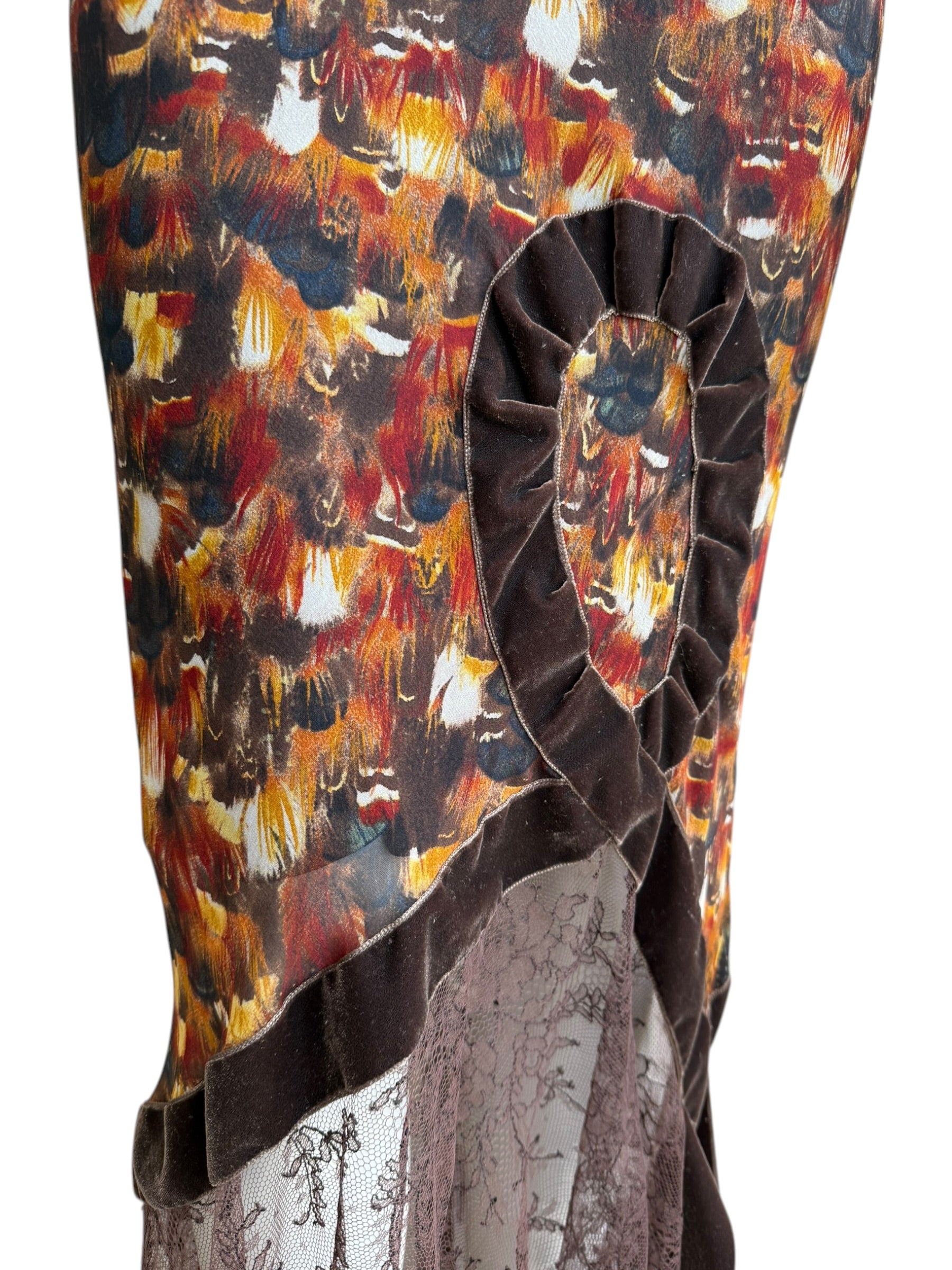 John Galliano F/W 2001 Feather print Silk & Lace Dress