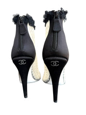 Chanel Mesh Quilted Peep Toe Ruffle Lace Trim Heels