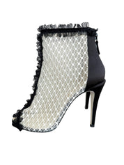 Chanel Mesh Quilted Peep Toe Ruffle Lace Trim Heels