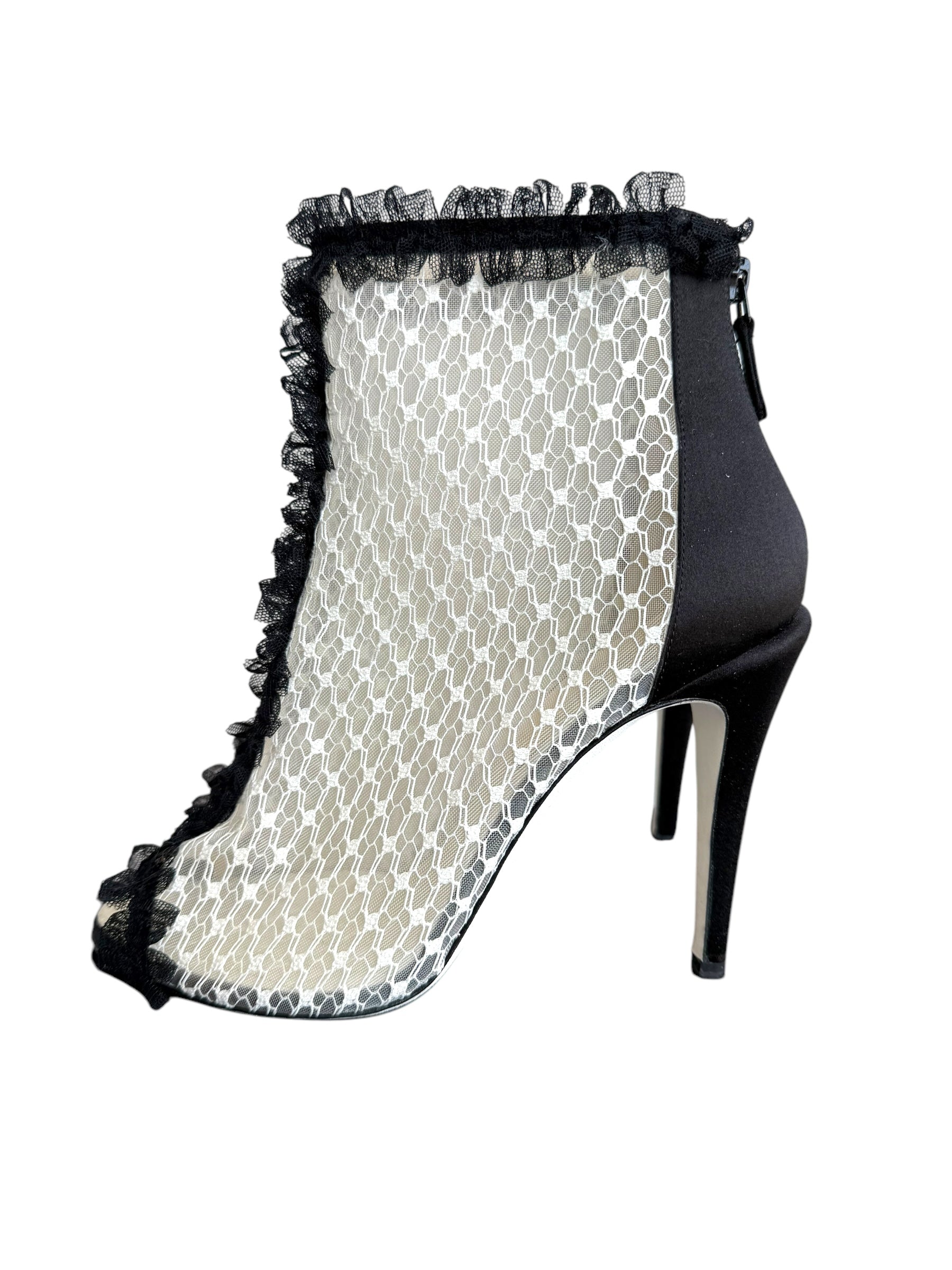Chanel Mesh Quilted Peep Toe Ruffle Lace Trim Heels