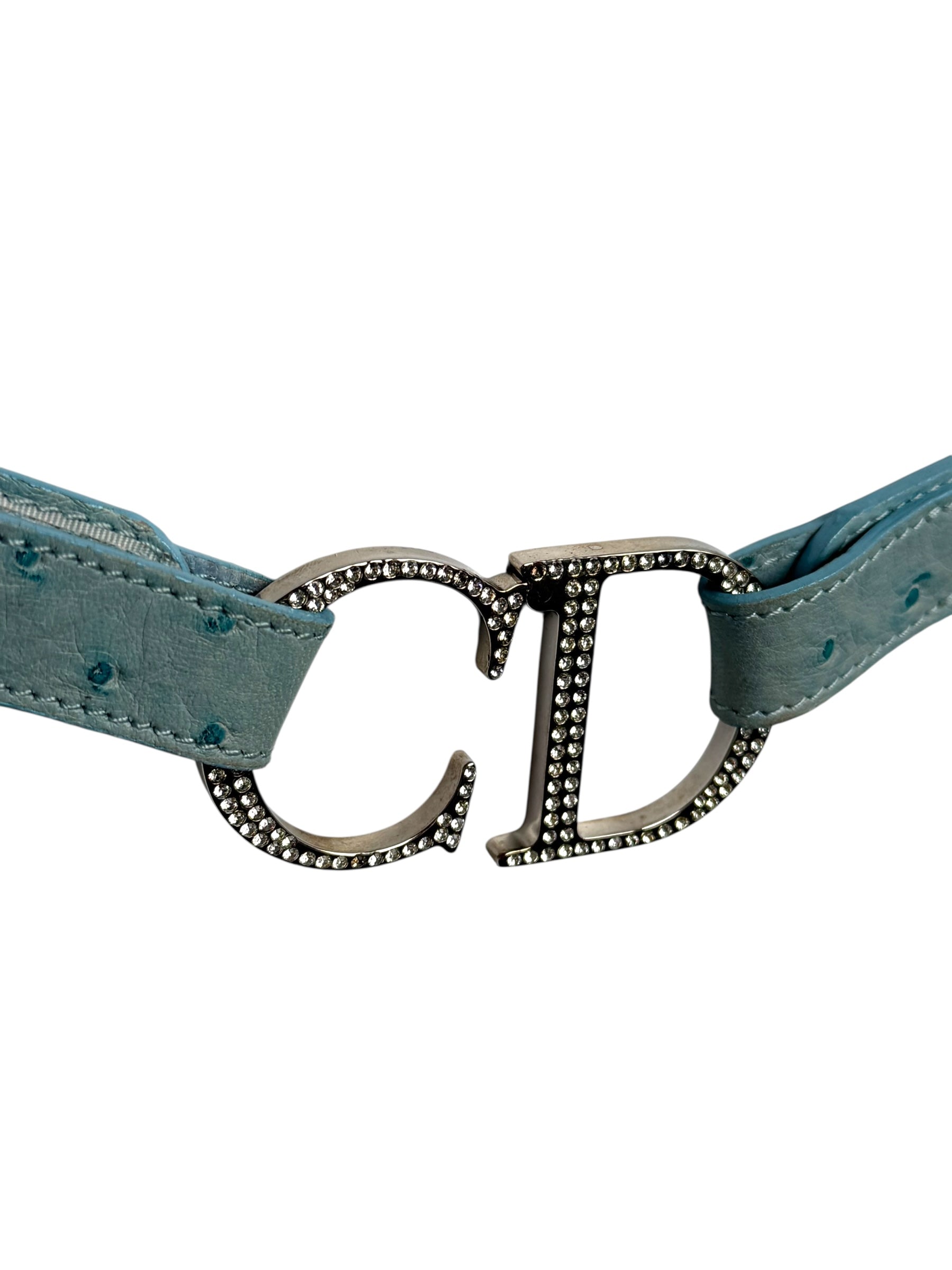 Christian Dior Ostrich Strass CD Buckle Belt