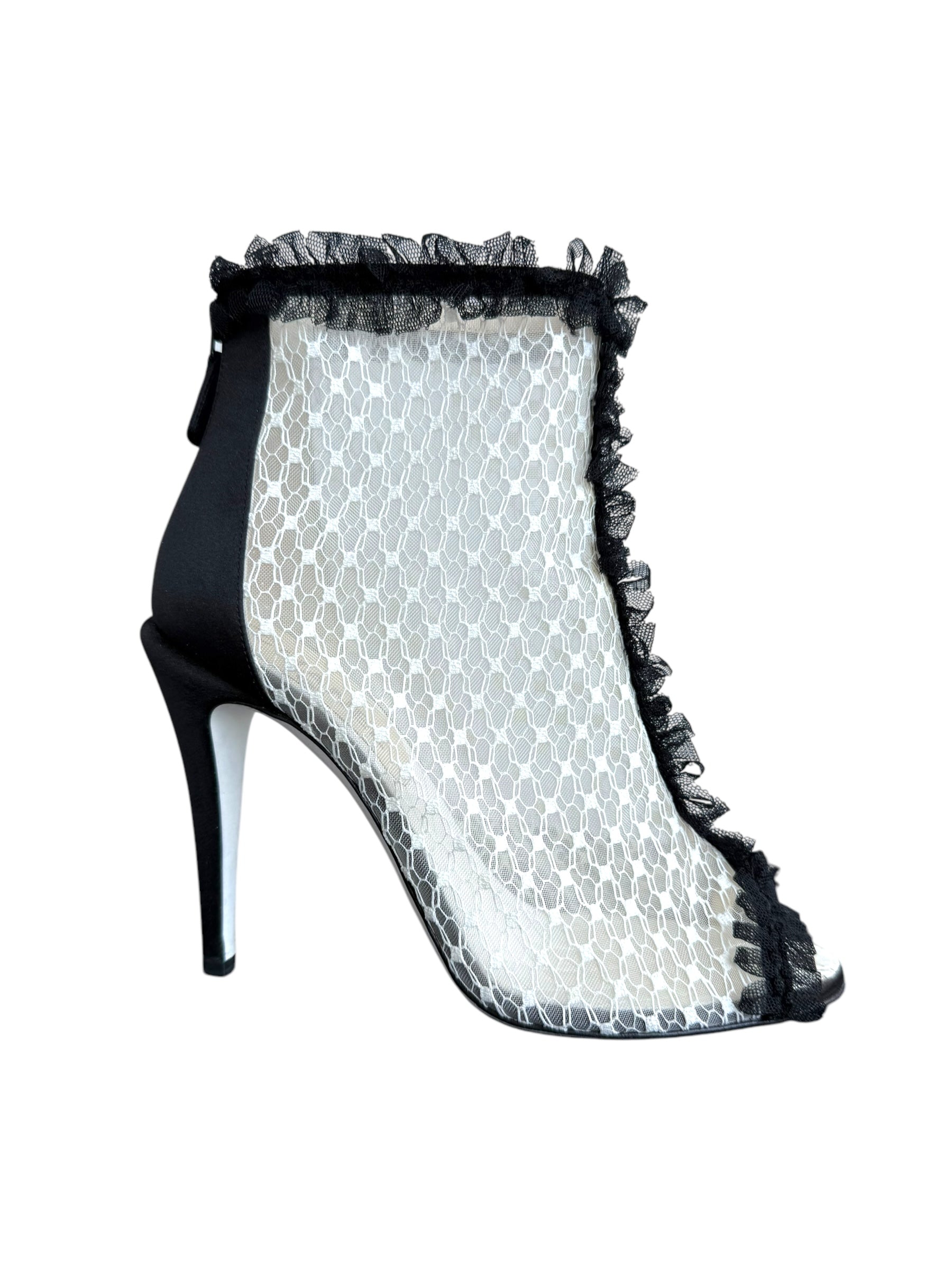 Chanel Mesh Quilted Peep Toe Ruffle Lace Trim Heels