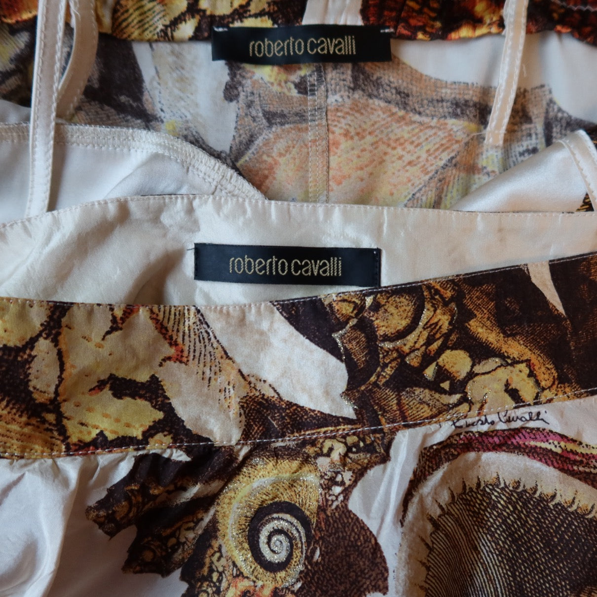 Roberto Cavalli S/S 2005 Silk Seashell Print Cream Set
