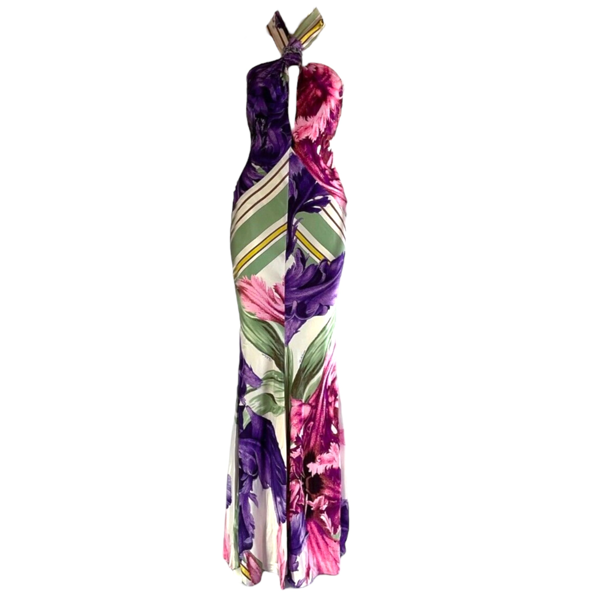 Roberto Cavalli S/S 2005 Floral Halter Silk Dress