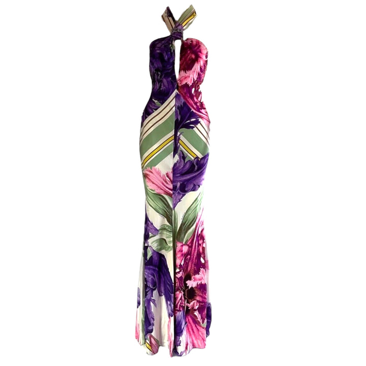 Roberto Cavalli S/S 2005 Floral Halter Silk Dress