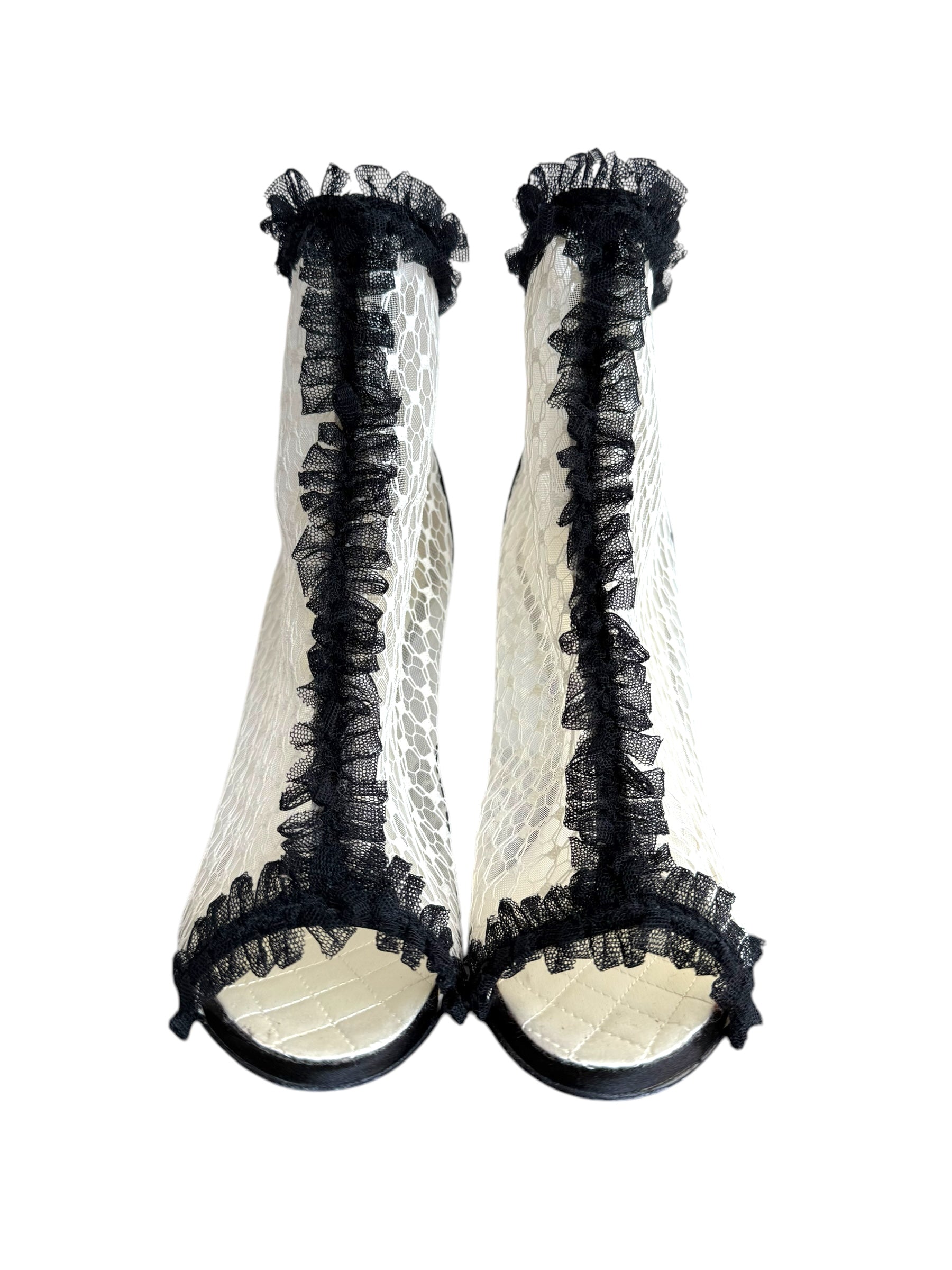 Chanel Mesh Quilted Peep Toe Ruffle Lace Trim Heels