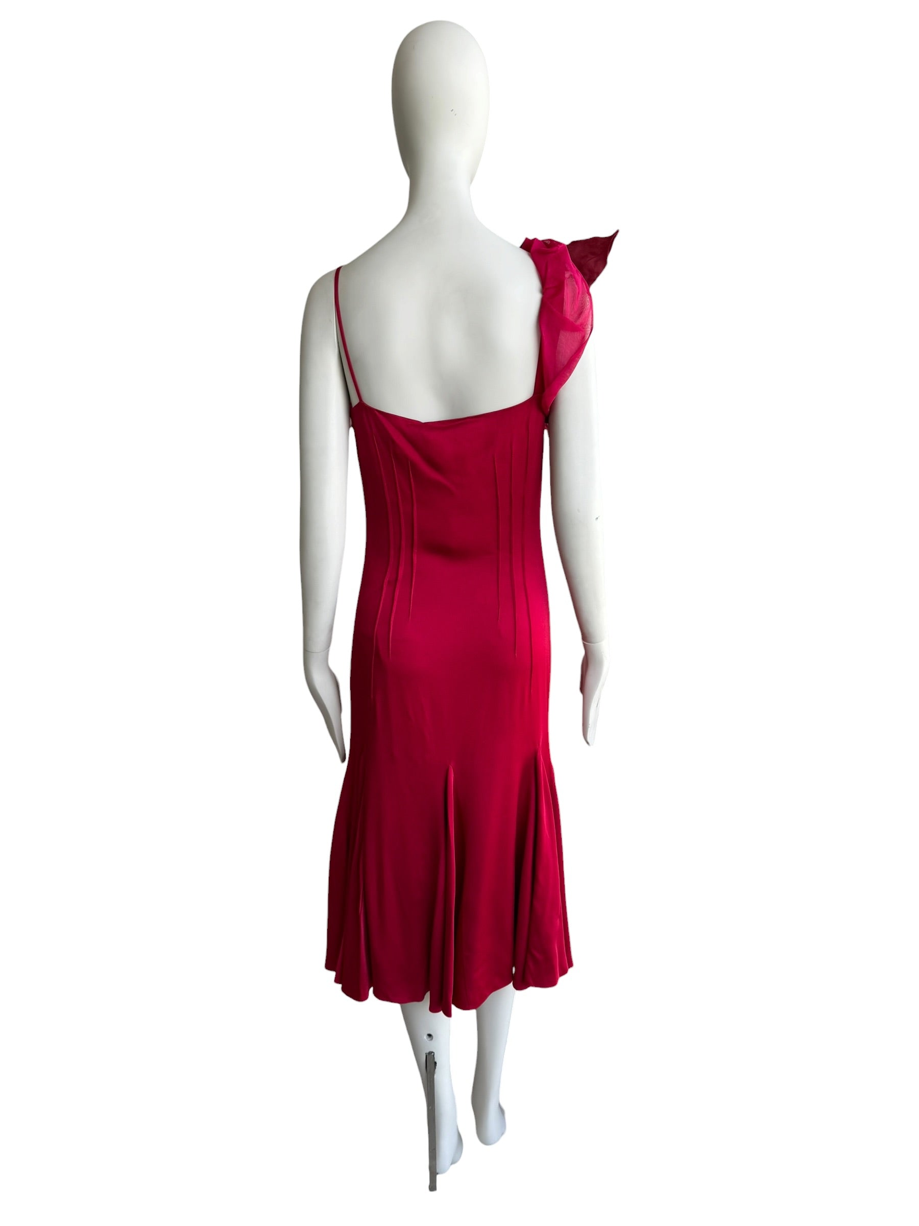 Christian Dior S/S 2008 Red Silk Satin One-Shoulder Midi Dress