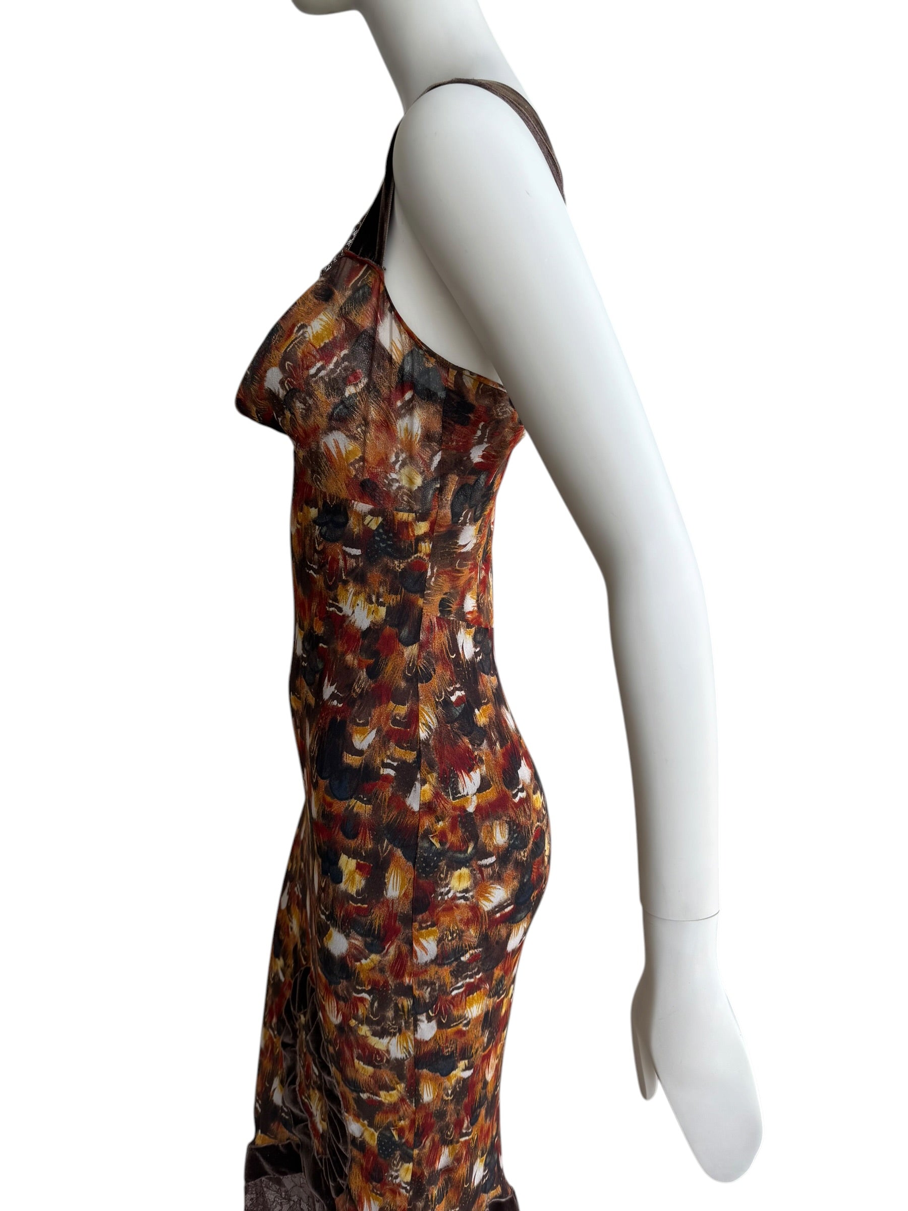 John Galliano F/W 2001 Feather print Silk & Lace Dress