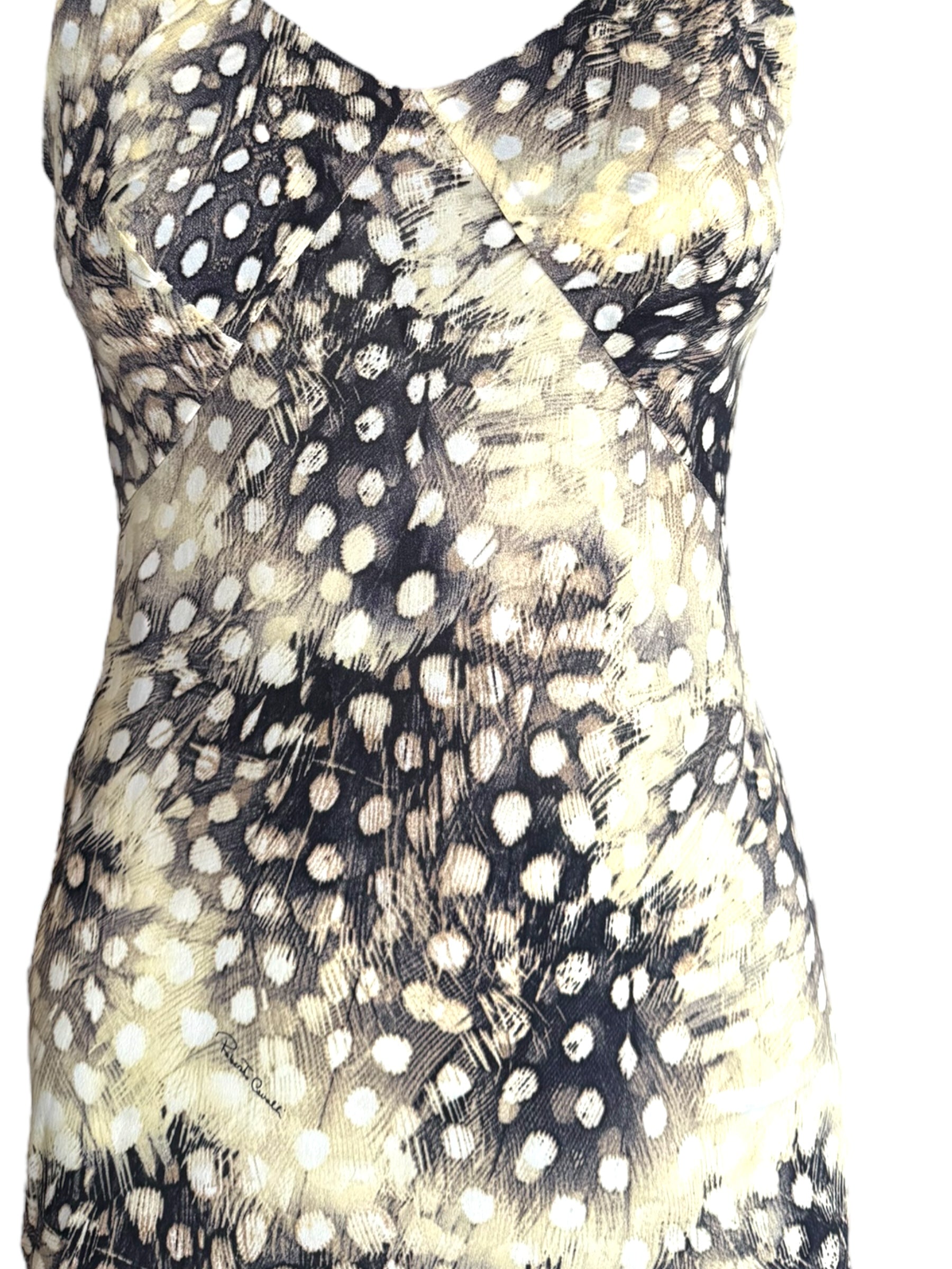 Roberto Cavalli S/S 2004 Ruffled Feather Print Silk Dress