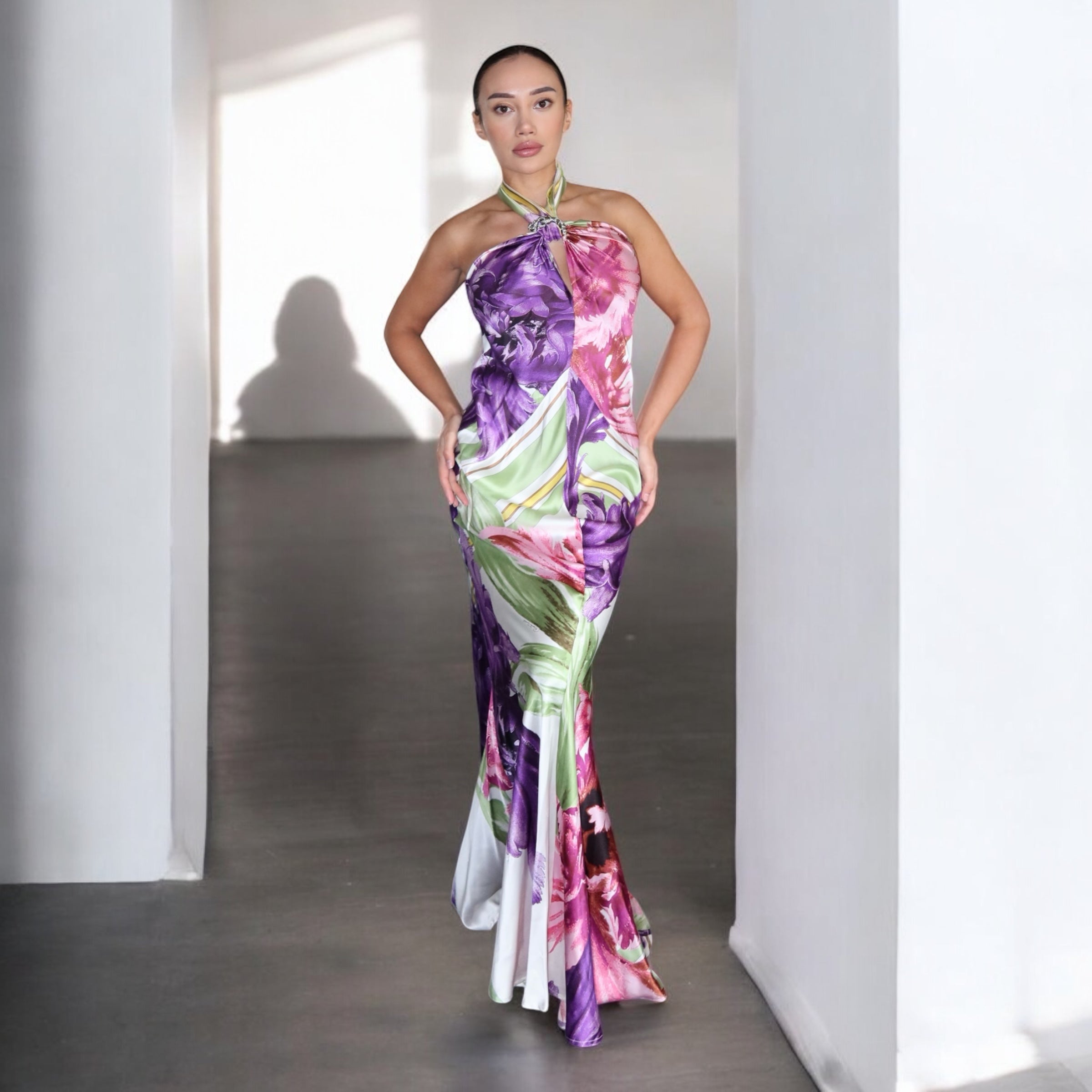 Roberto Cavalli S/S 2005 Floral Halter Silk Dress