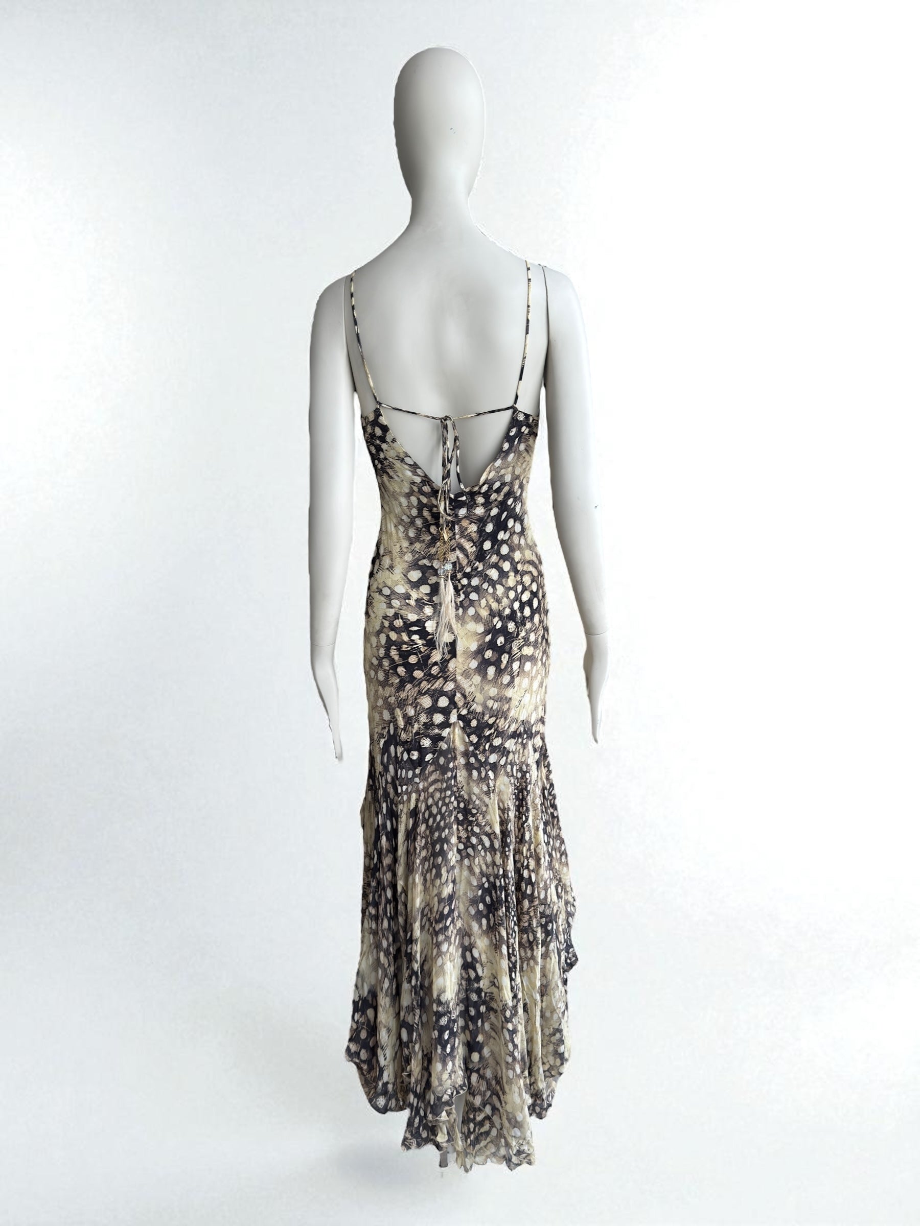 Roberto Cavalli S/S 2004 Ruffled Feather Print Silk Dress