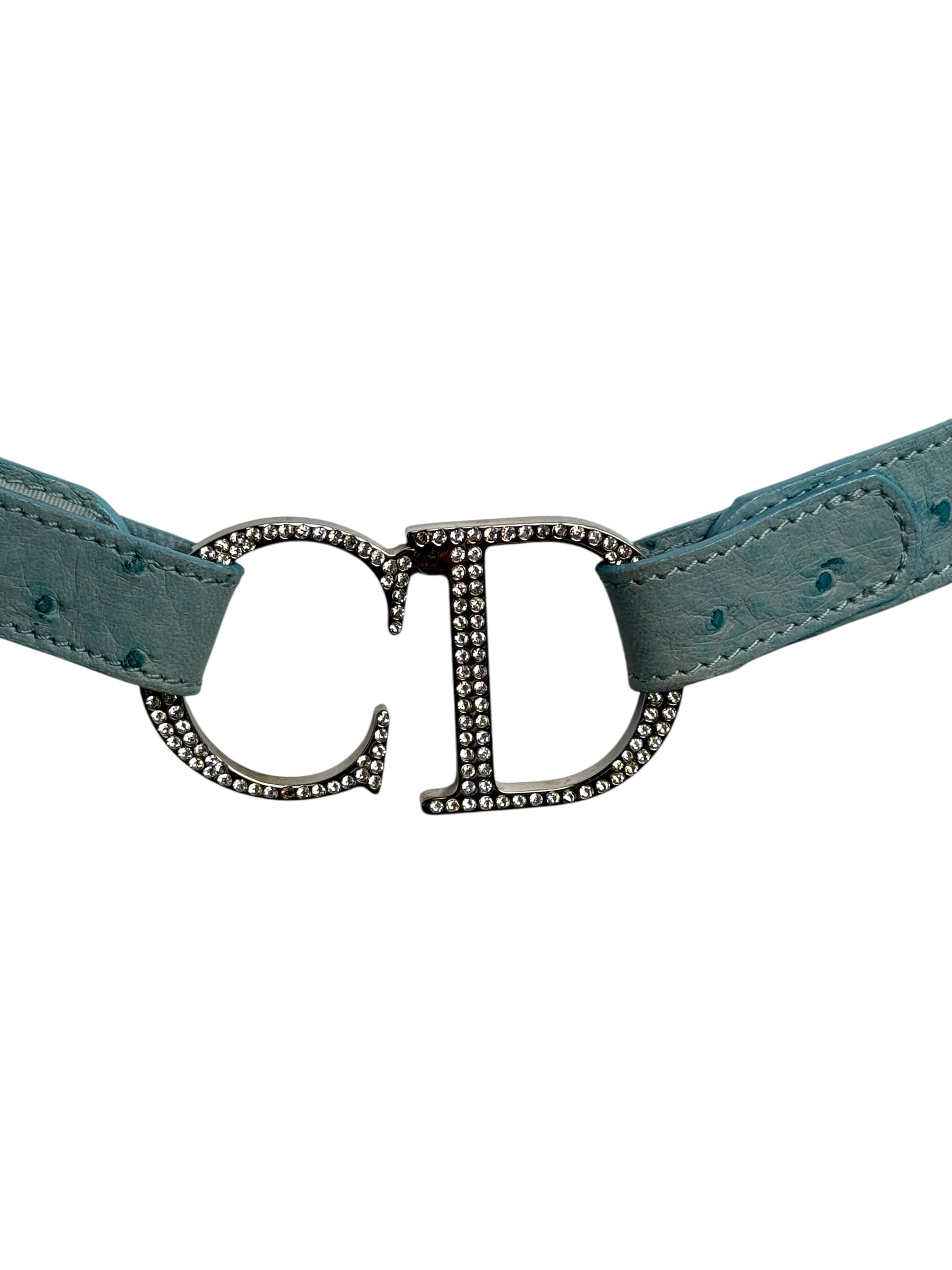 Christian Dior Ostrich Strass CD Buckle Belt