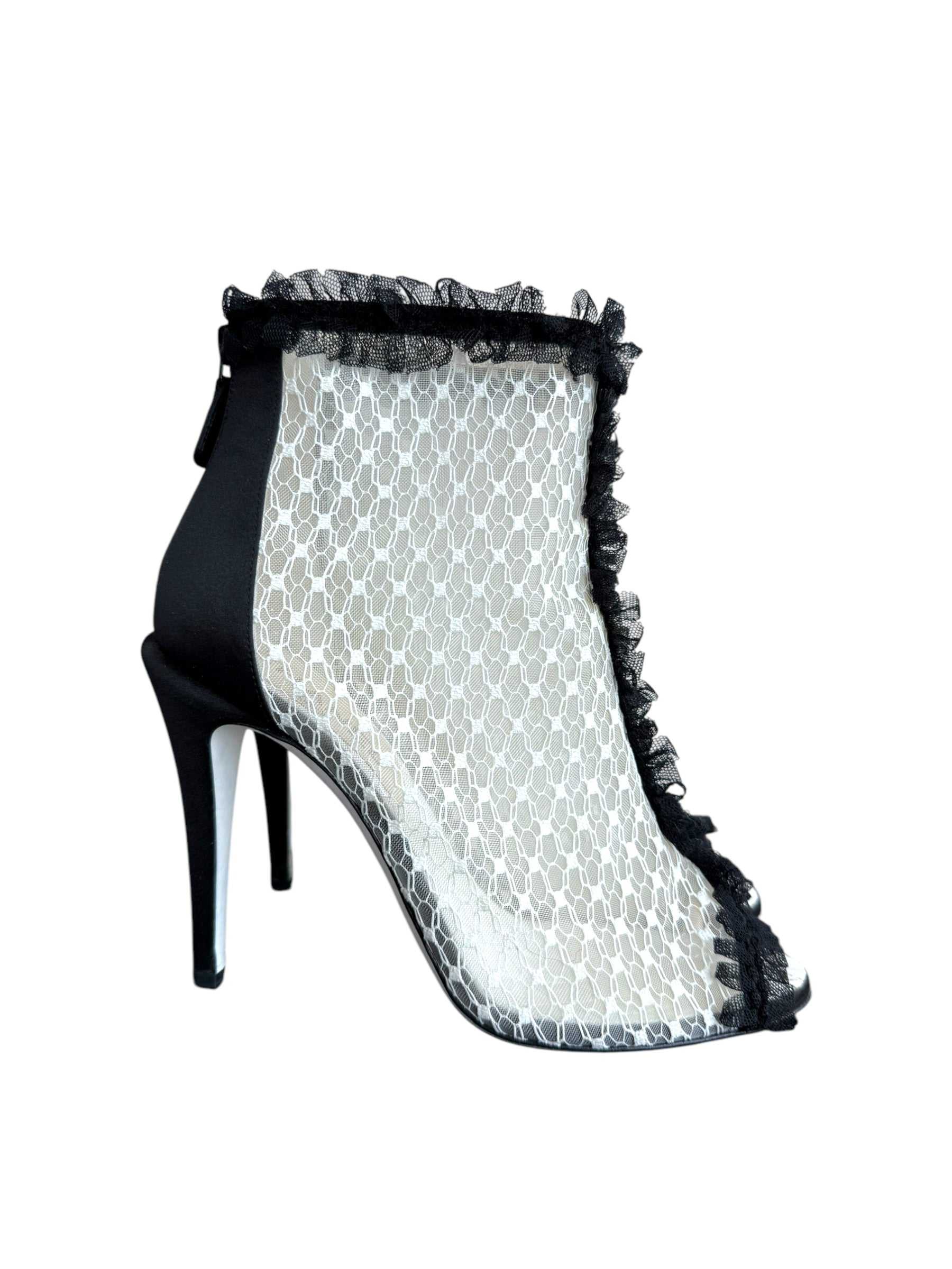 Chanel Mesh Quilted Peep Toe Ruffle Lace Trim Heels