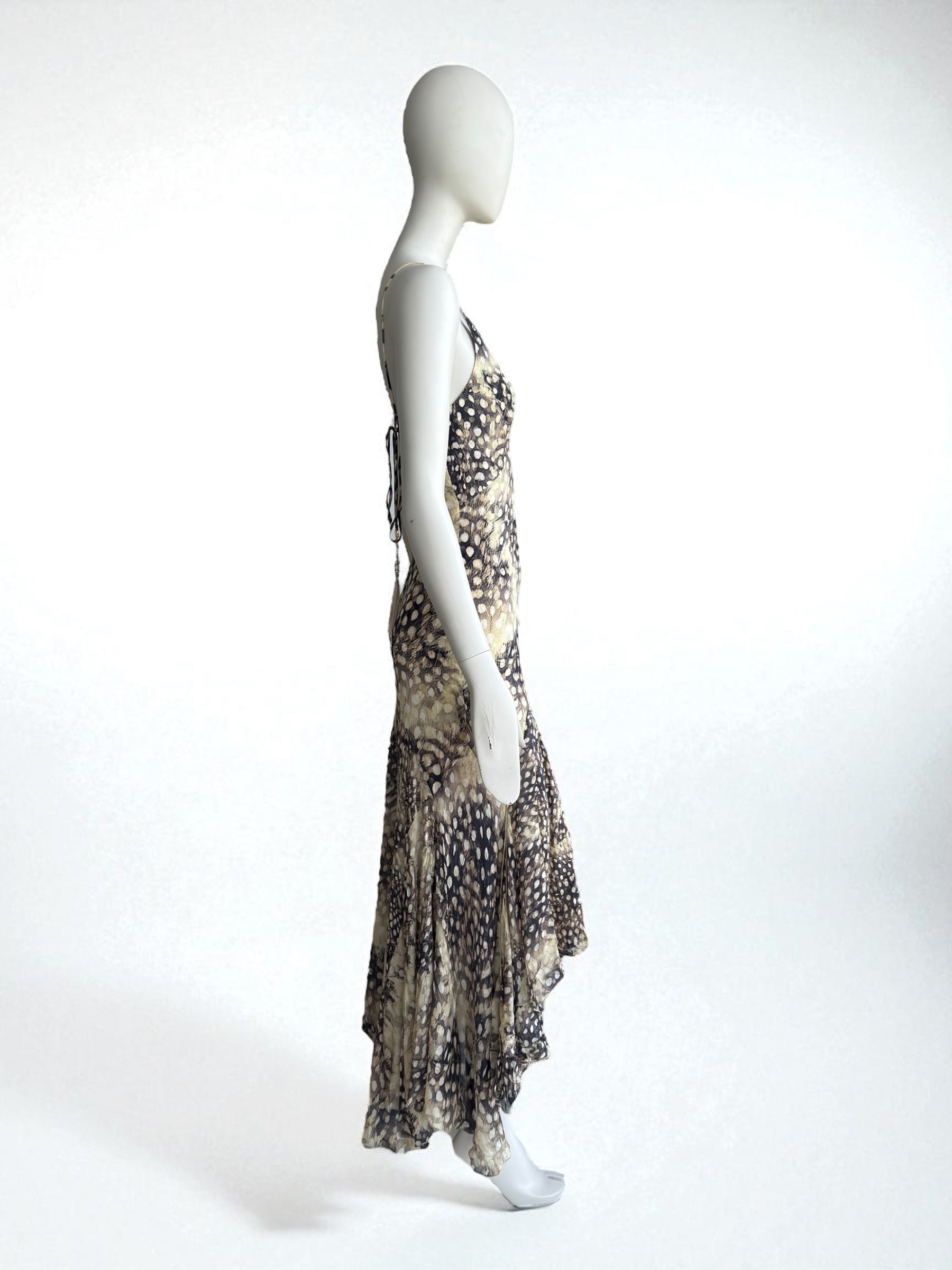 Roberto Cavalli S/S 2004 Ruffled Feather Print Silk Dress