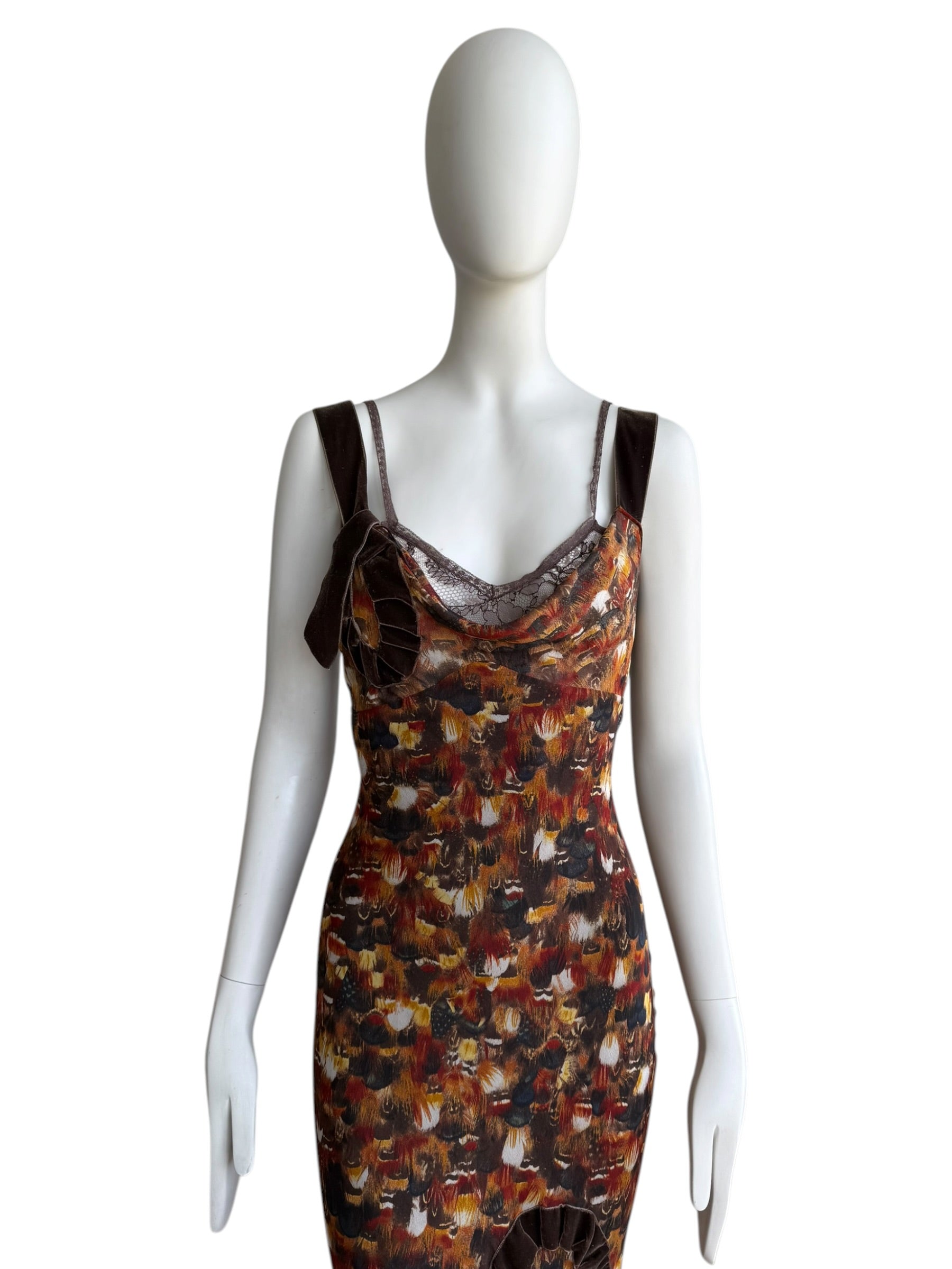 John Galliano F/W 2001 Feather print Silk & Lace Dress