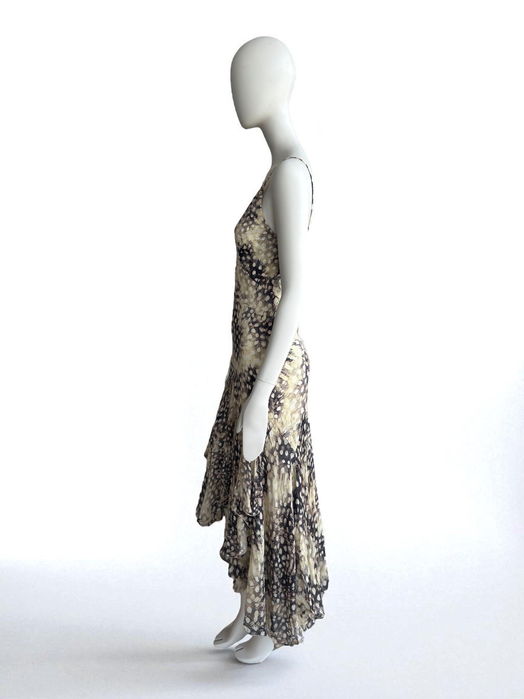Roberto Cavalli S/S 2004 Ruffled Feather Print Silk Dress
