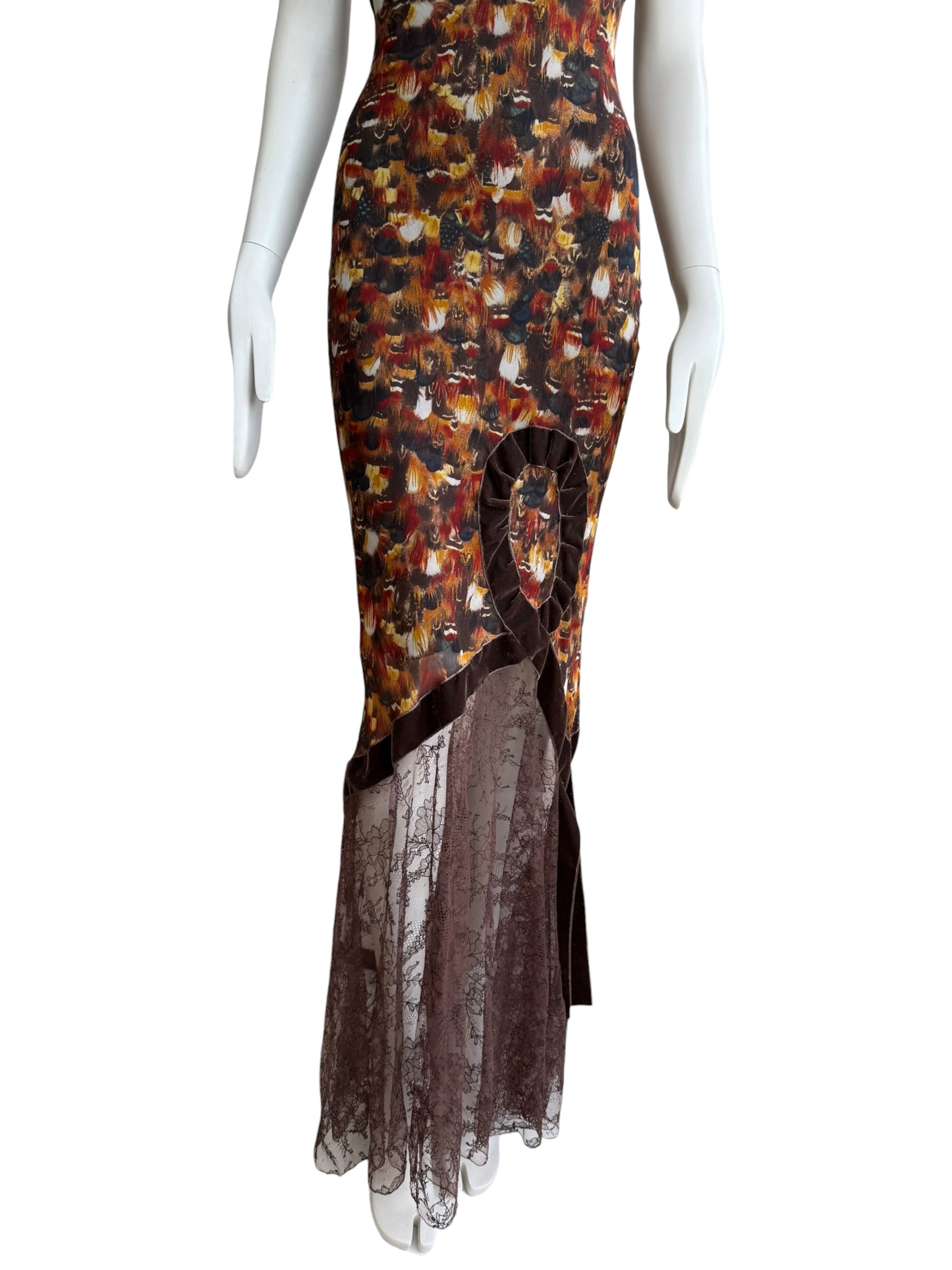 John Galliano F/W 2001 Feather print Silk & Lace Dress
