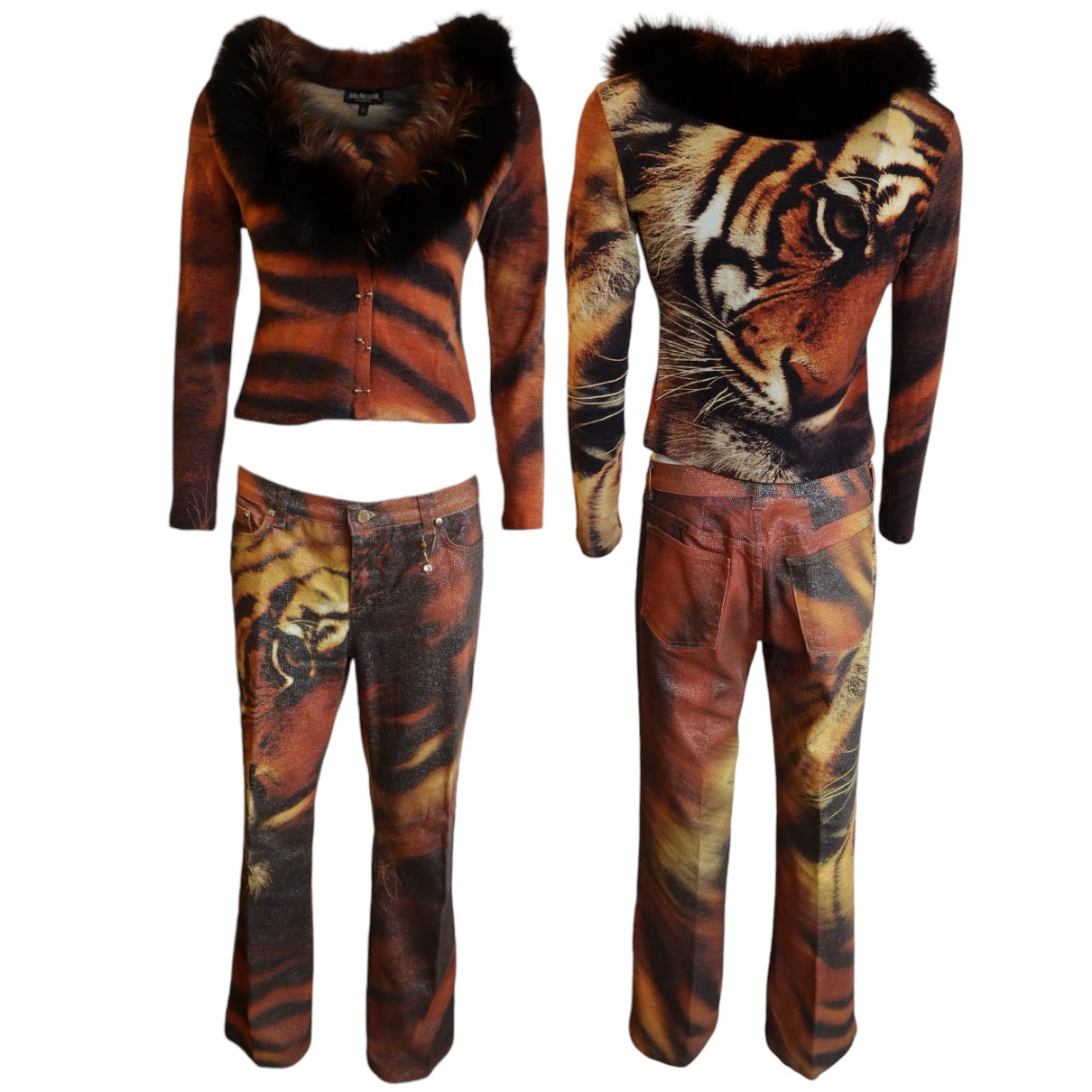 Roberto Cavalli F/W 2000 Tiger Fox Fur Cardigan And Jeans
