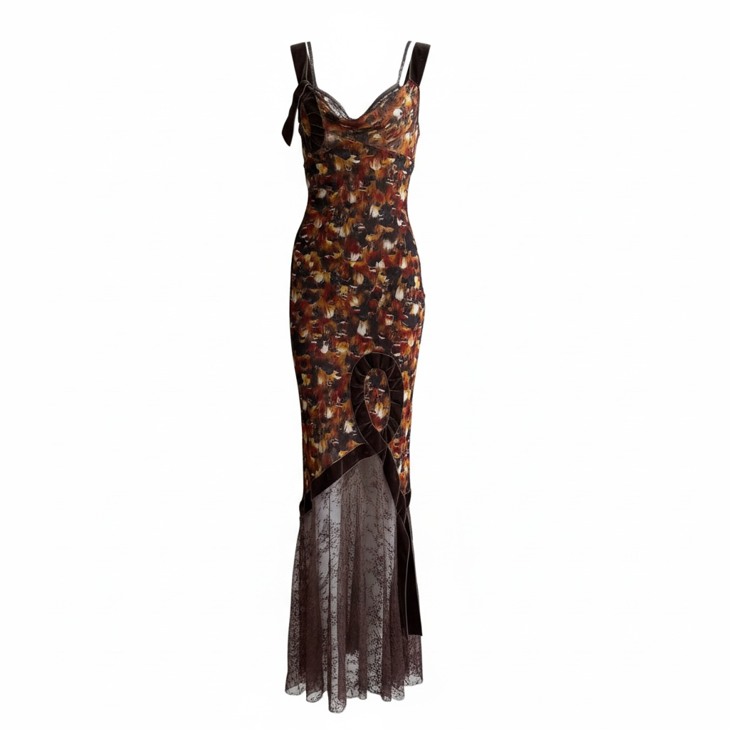 John Galliano F/W 2001 Feather print Silk & Lace Dress