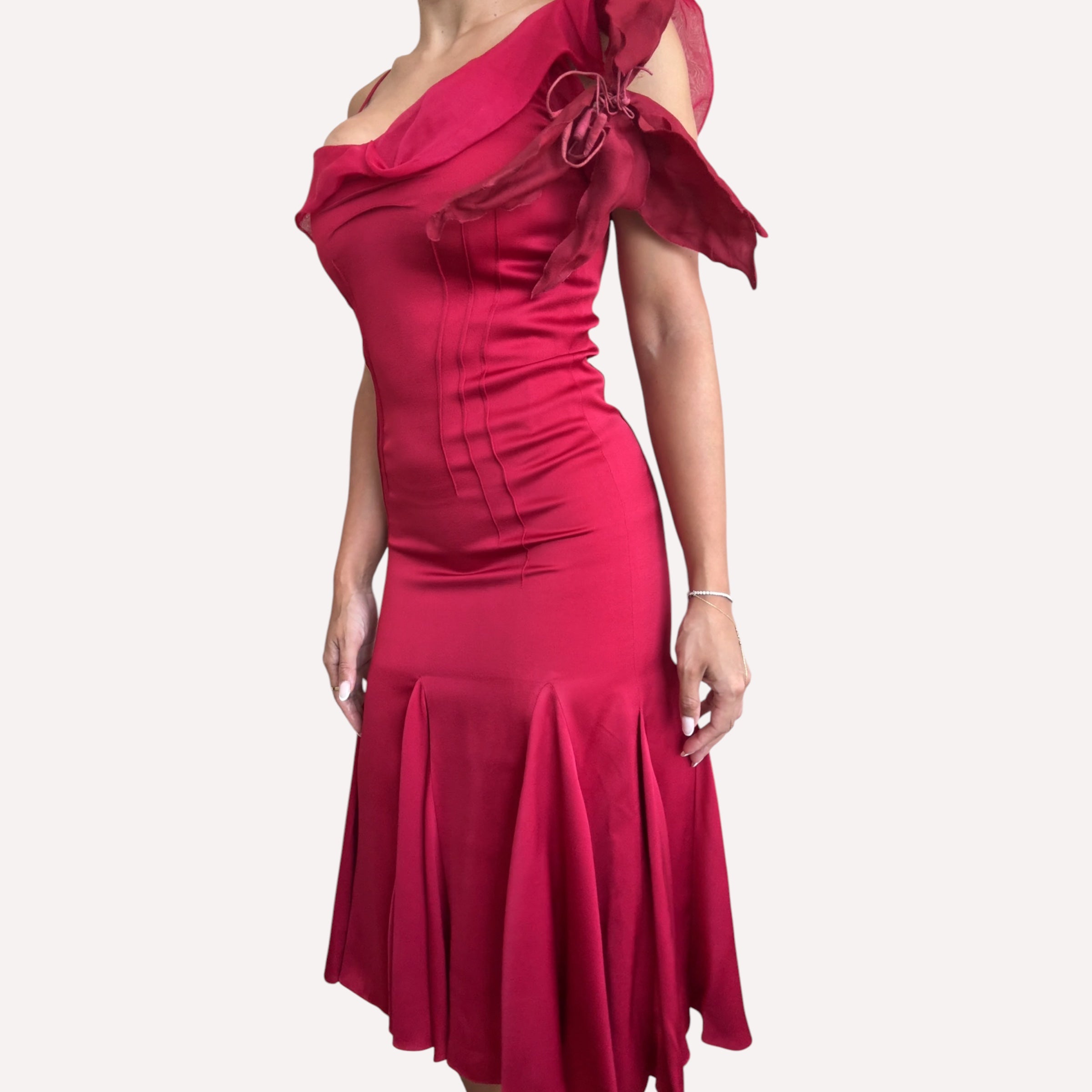 Christian Dior S/S 2008 Red Silk Satin One-Shoulder Midi Dress
