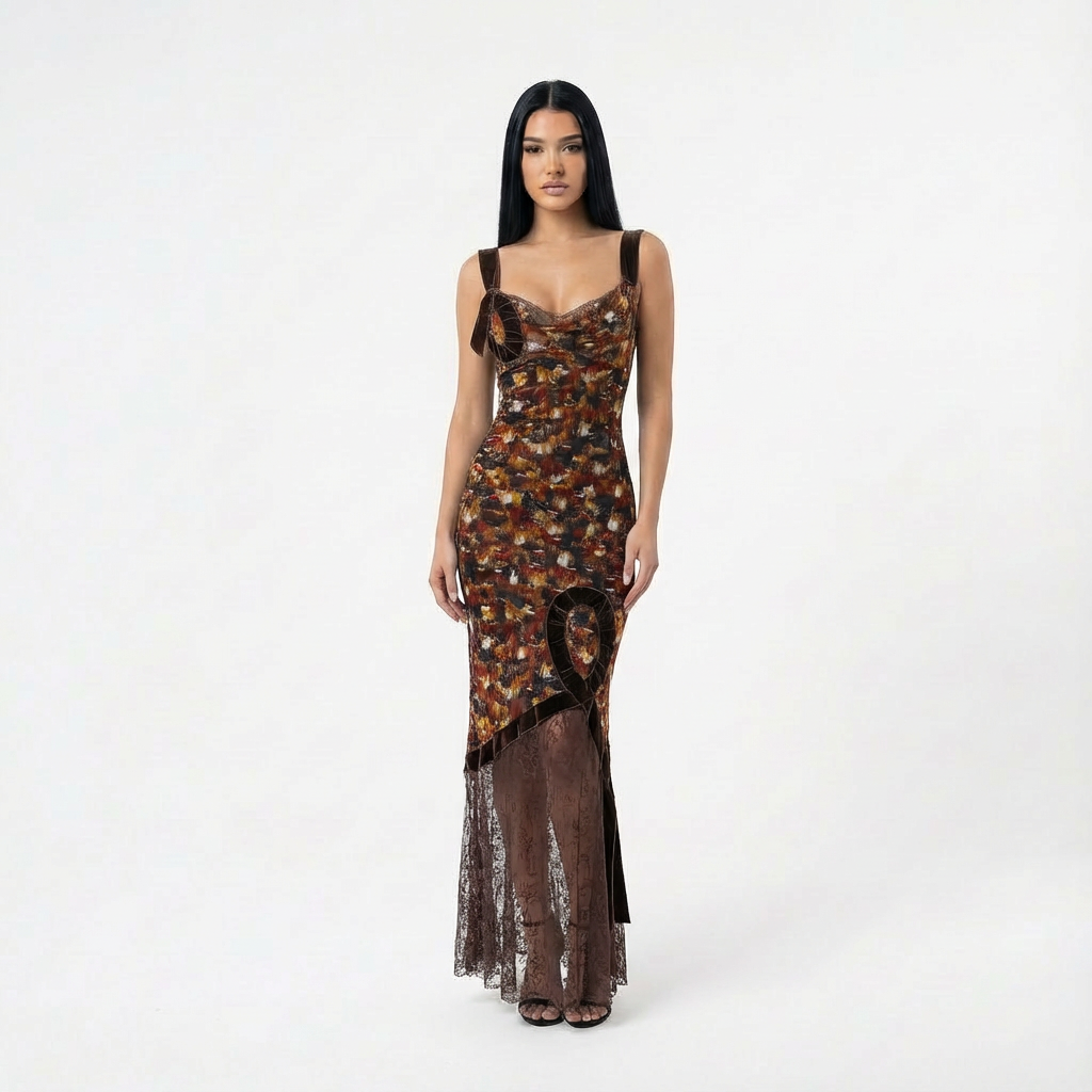 John Galliano F/W 2001 Feather print Silk & Lace Dress